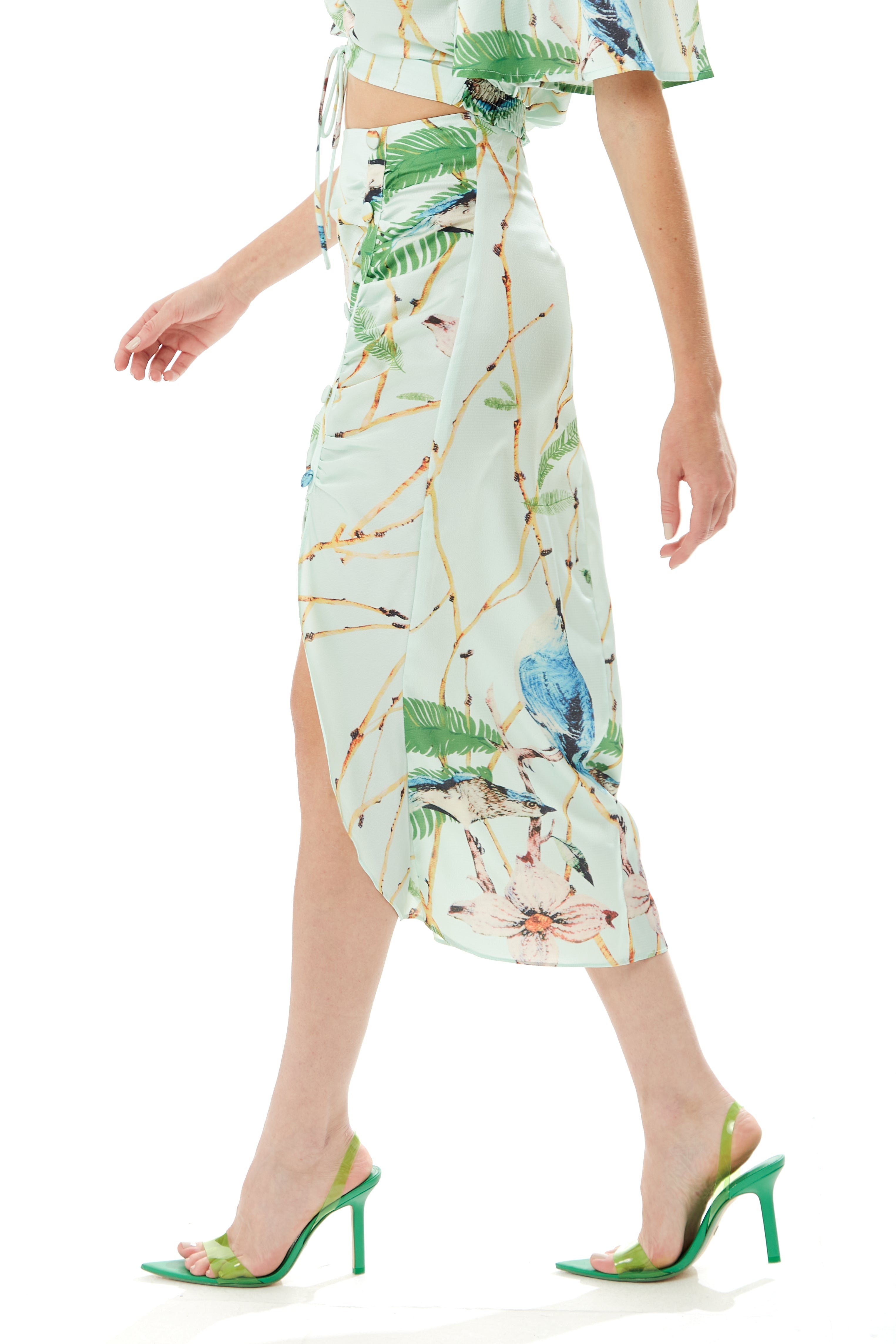 Women's Mint Green Bird Print Midi Skirt with Front Buttons and Side Slit, Regular Fit - Liquorish