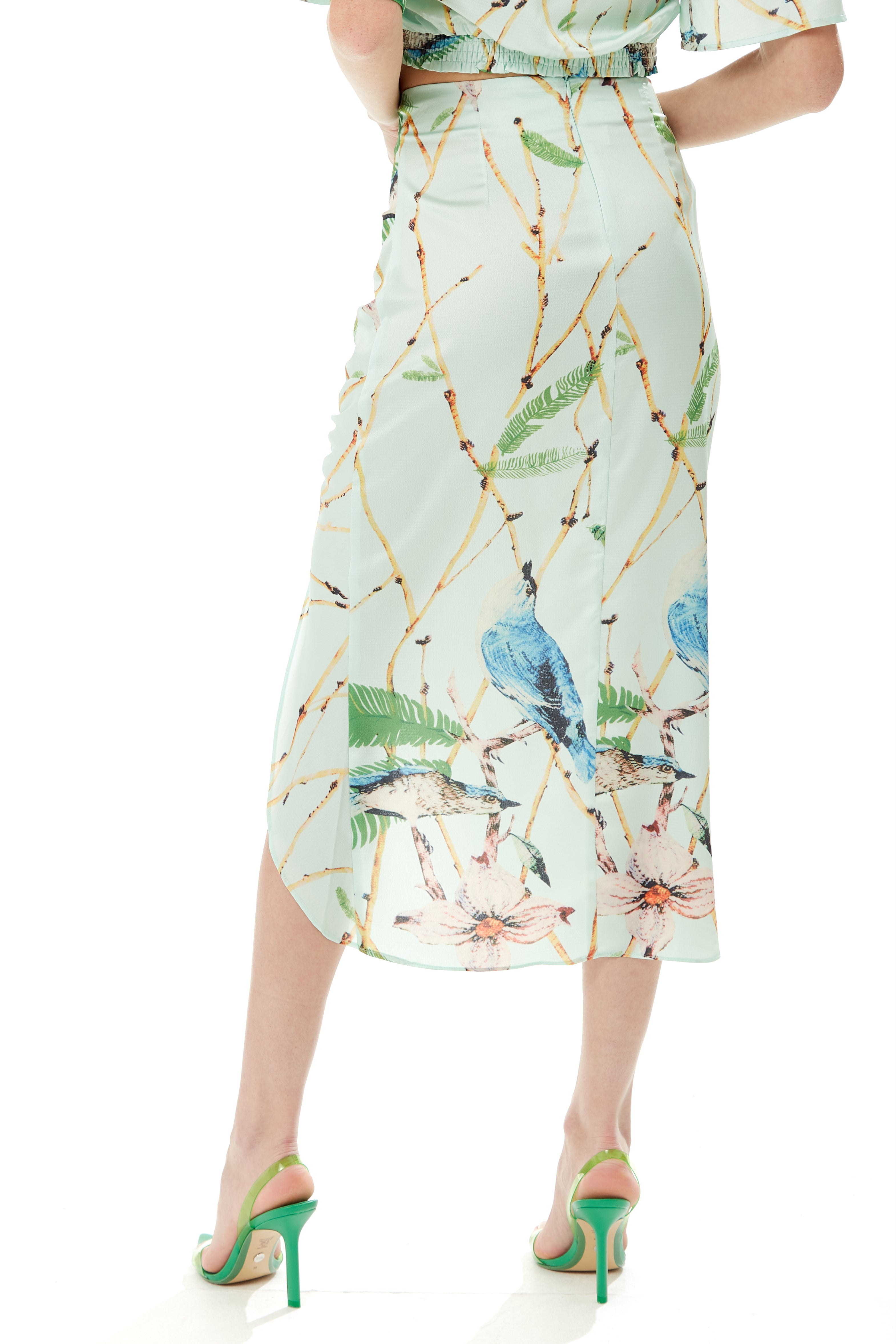 Women's Mint Green Bird Print Midi Skirt with Front Buttons and Side Slit, Regular Fit - Liquorish