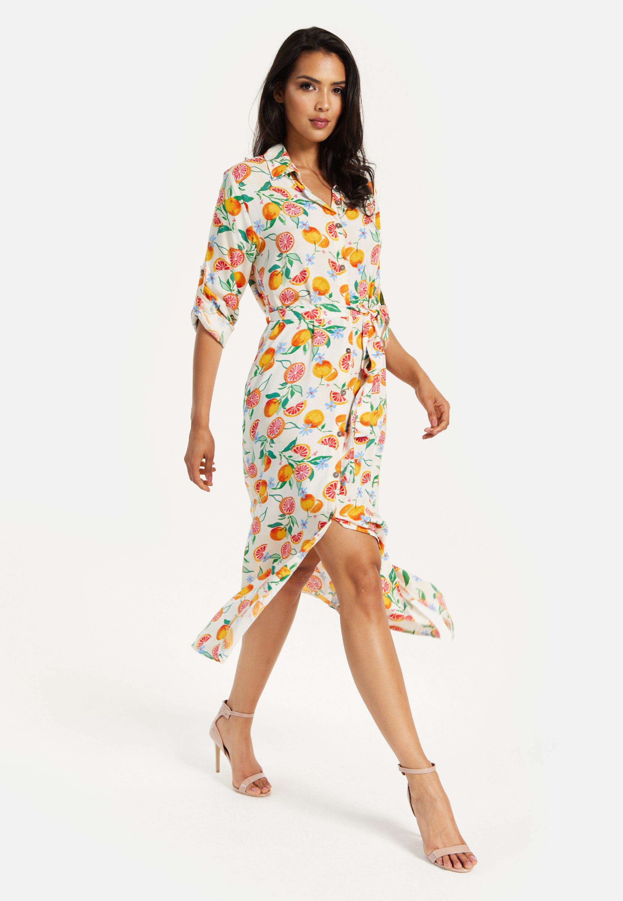 Women’s Midi Dress, Fruit Print, Button-Through Design, Elegant Tie Waist, Roll-Up Sleeves, Lightweight Viscose