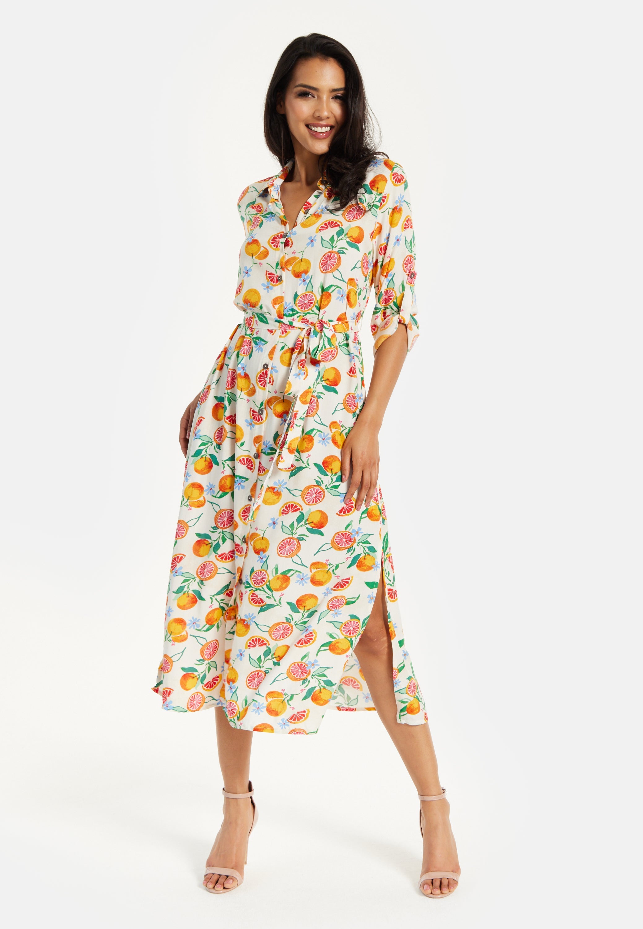 Women’s Midi Dress, Fruit Print, Button-Through Design, Elegant Tie Waist, Roll-Up Sleeves, Lightweight Viscose
