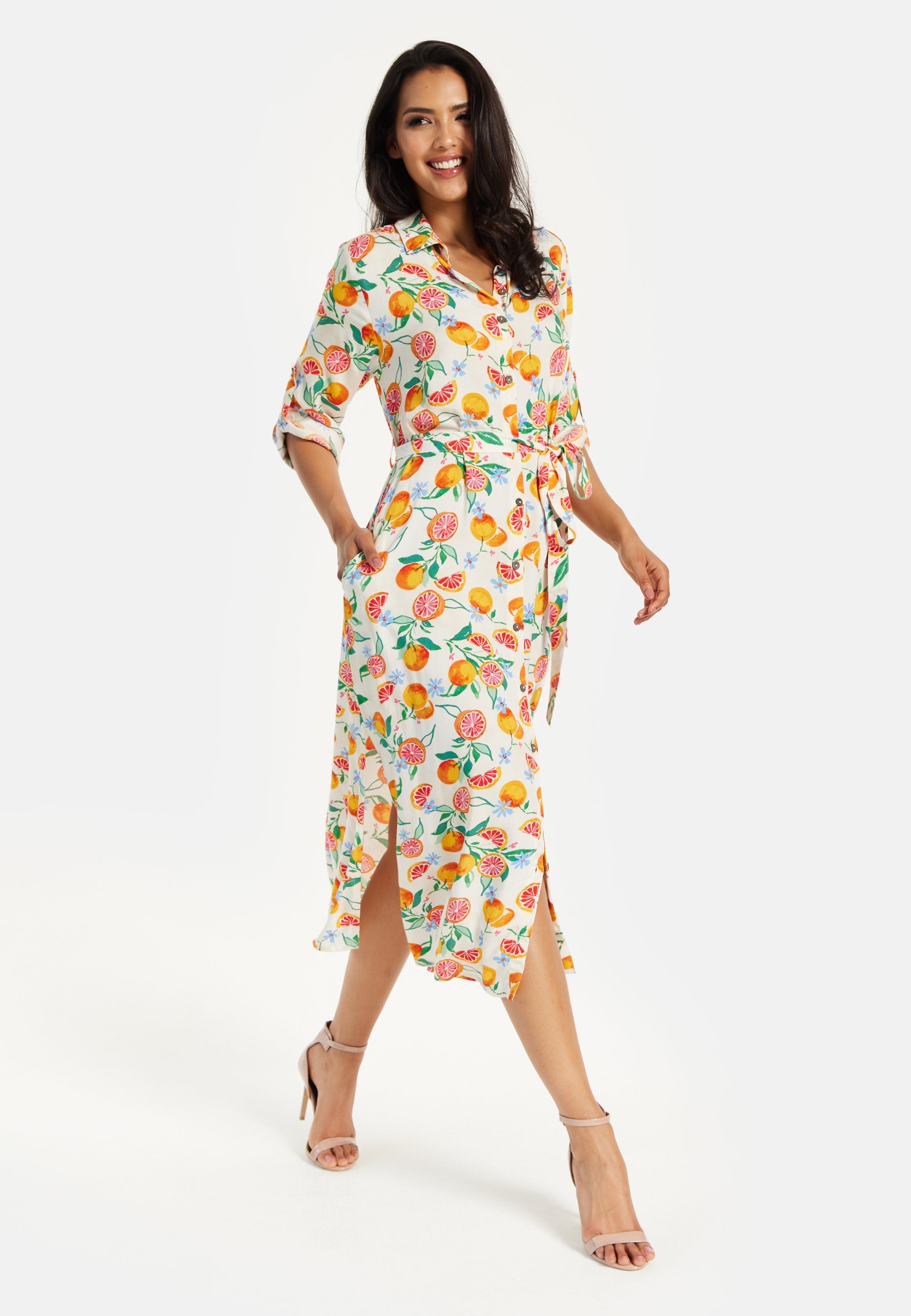 Women’s Midi Dress, Fruit Print, Button-Through Design, Elegant Tie Waist, Roll-Up Sleeves, Lightweight Viscose