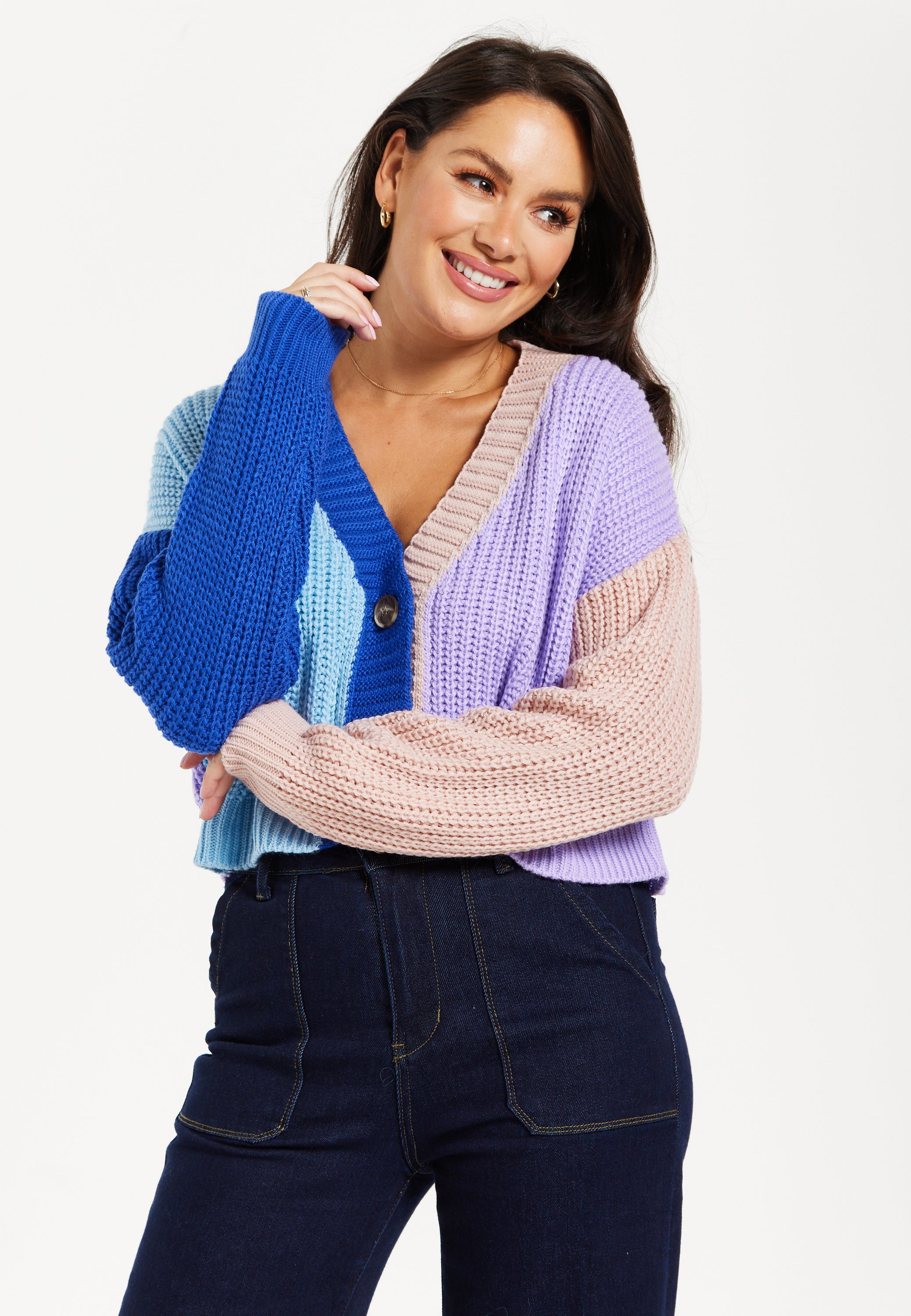 Women's Cardigan in Cool Tones with Ribbed Texture, Full-Length Sleeves, Cropped Fit - Liquorish