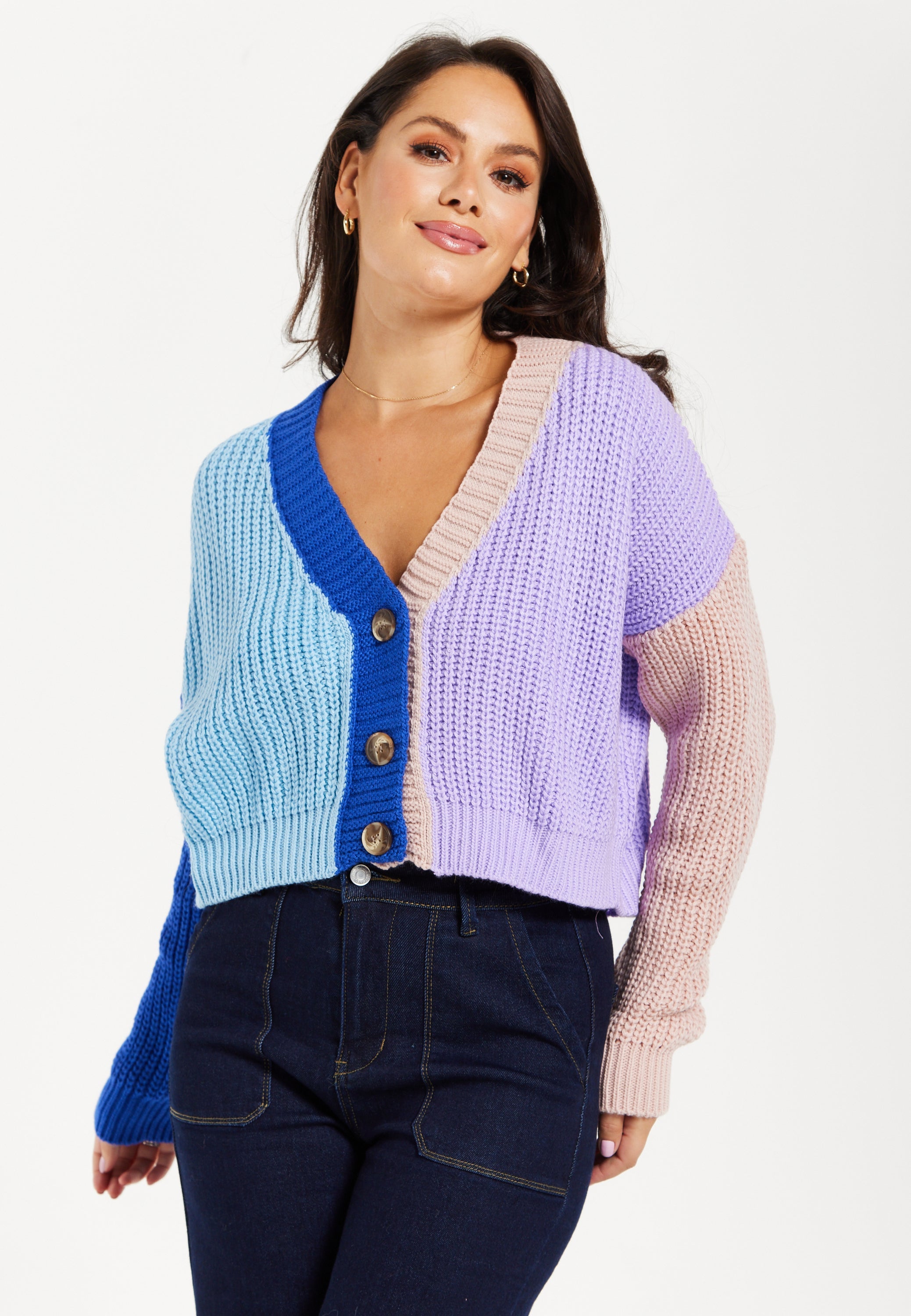 Women's Cardigan in Cool Tones with Ribbed Texture, Full-Length Sleeves, Cropped Fit - Liquorish