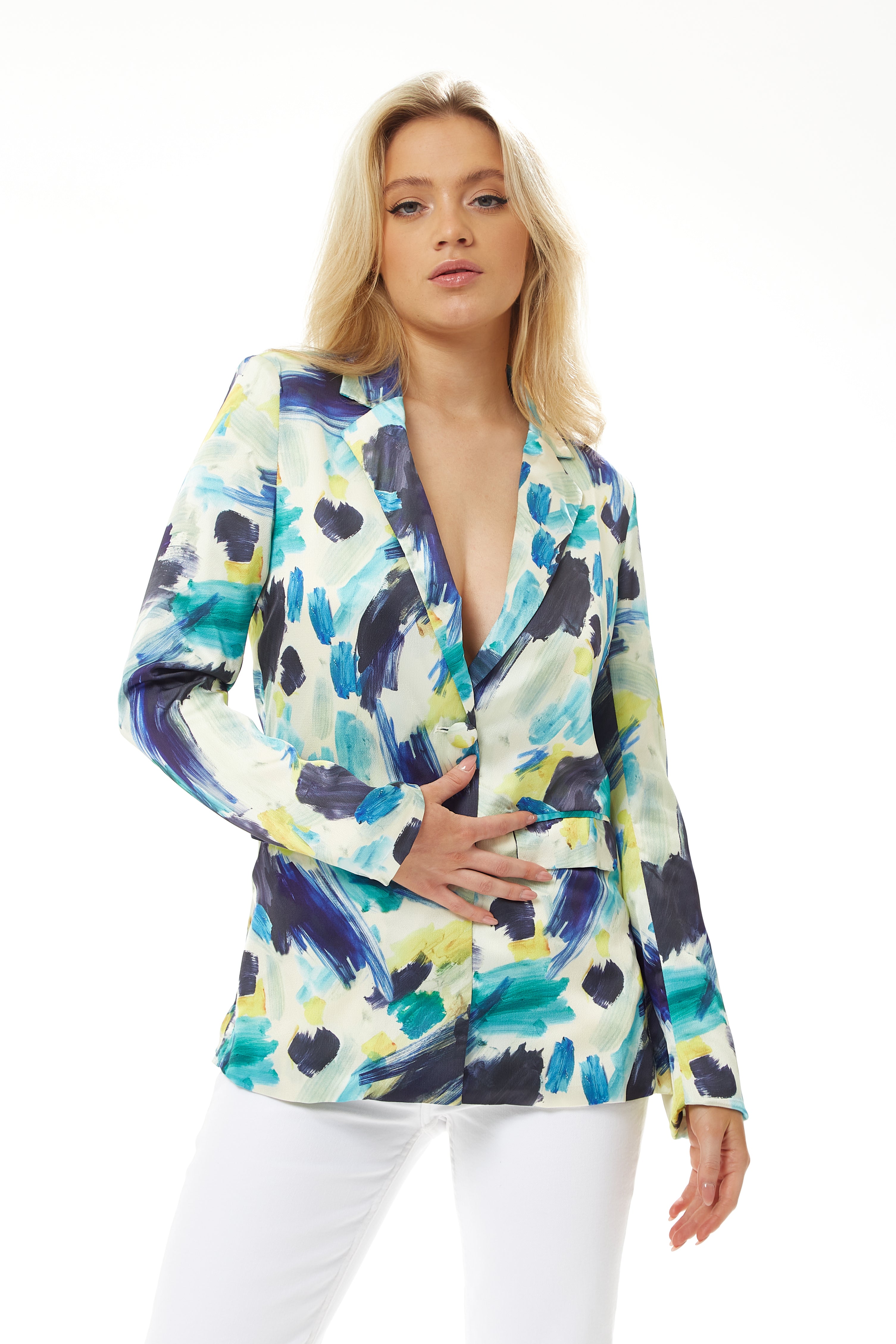 Women's Jacket - Multicolour Abstract Print Blazer with Padded Shoulders and Side Pockets, Relaxed Fit, Liquorish