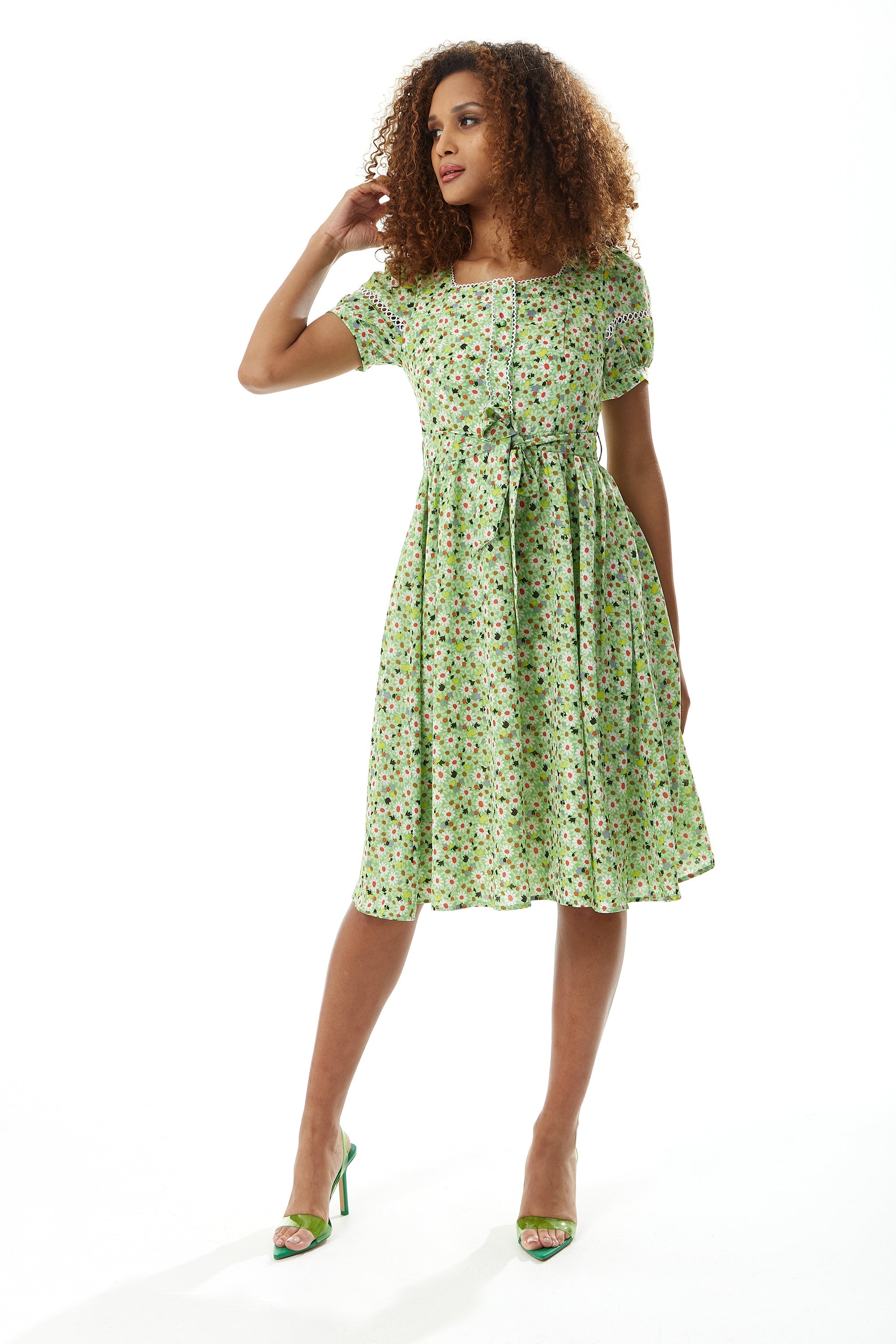 Women's Midi Dress in Green Floral with Short Sleeves and Lace Details - Tie Waist - Liquorish