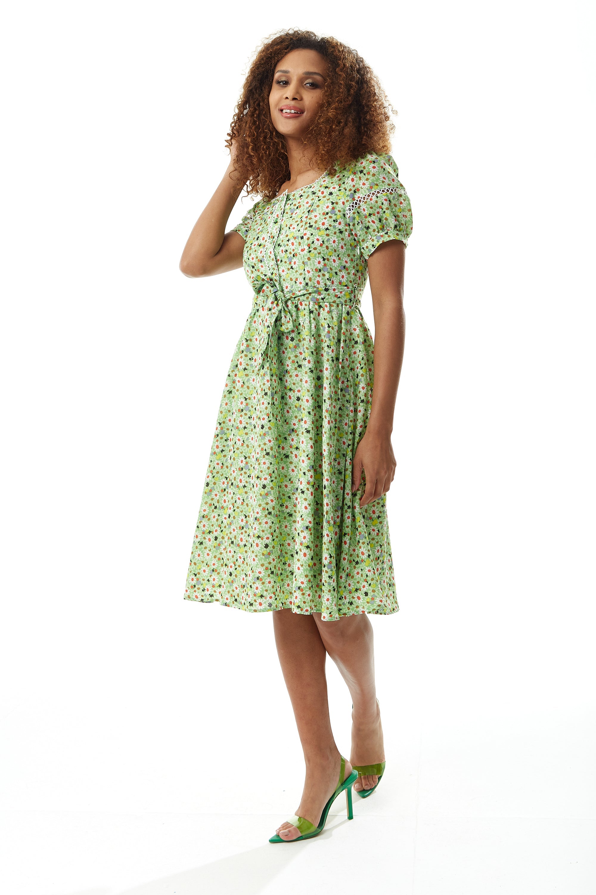 Women's Midi Dress in Green Floral with Short Sleeves and Lace Details - Tie Waist - Liquorish
