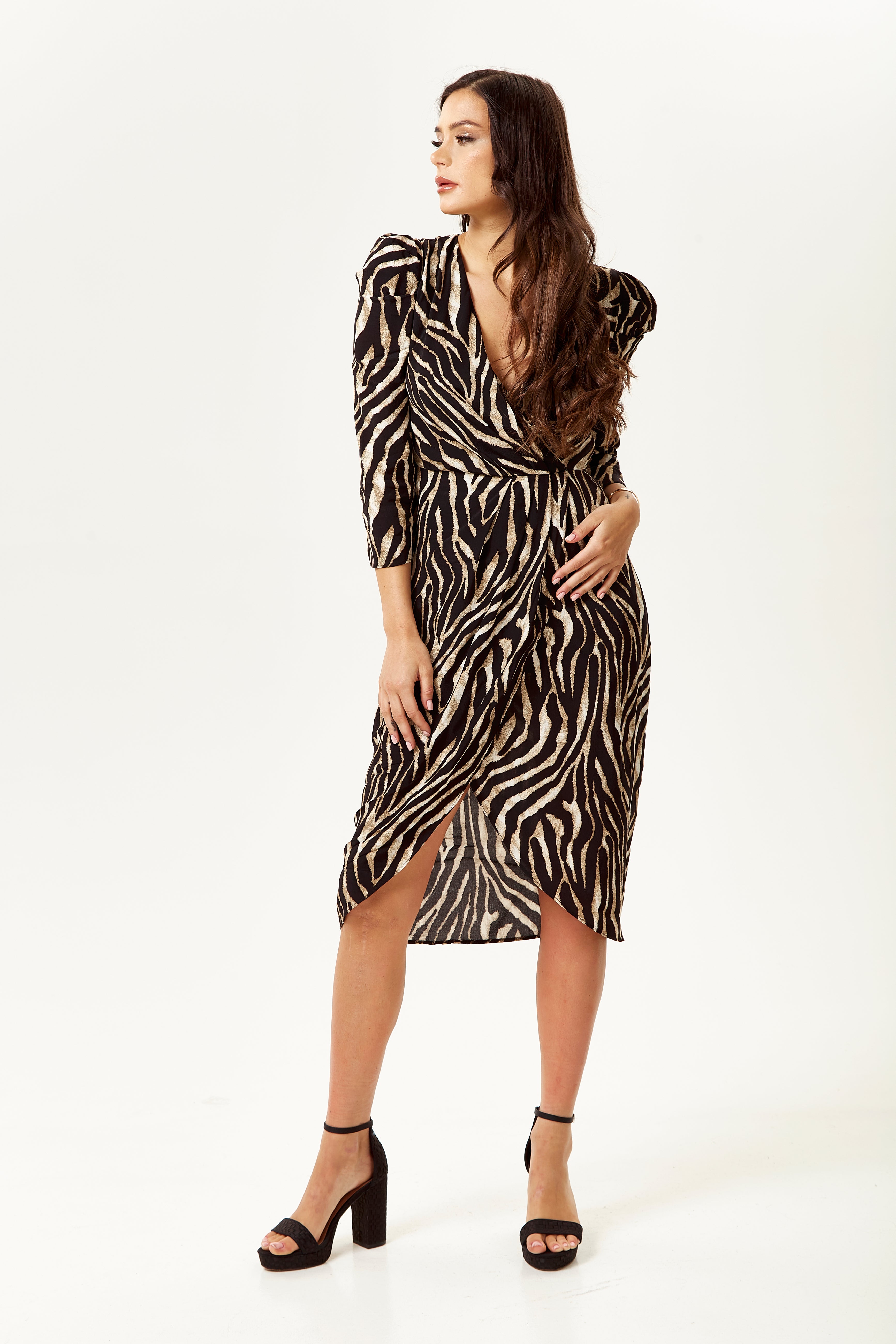 Women's Midi Wrap Dress in Zebra Print with Long Sleeves - Stylish Crossover Design for Every Occasion - Liquorish