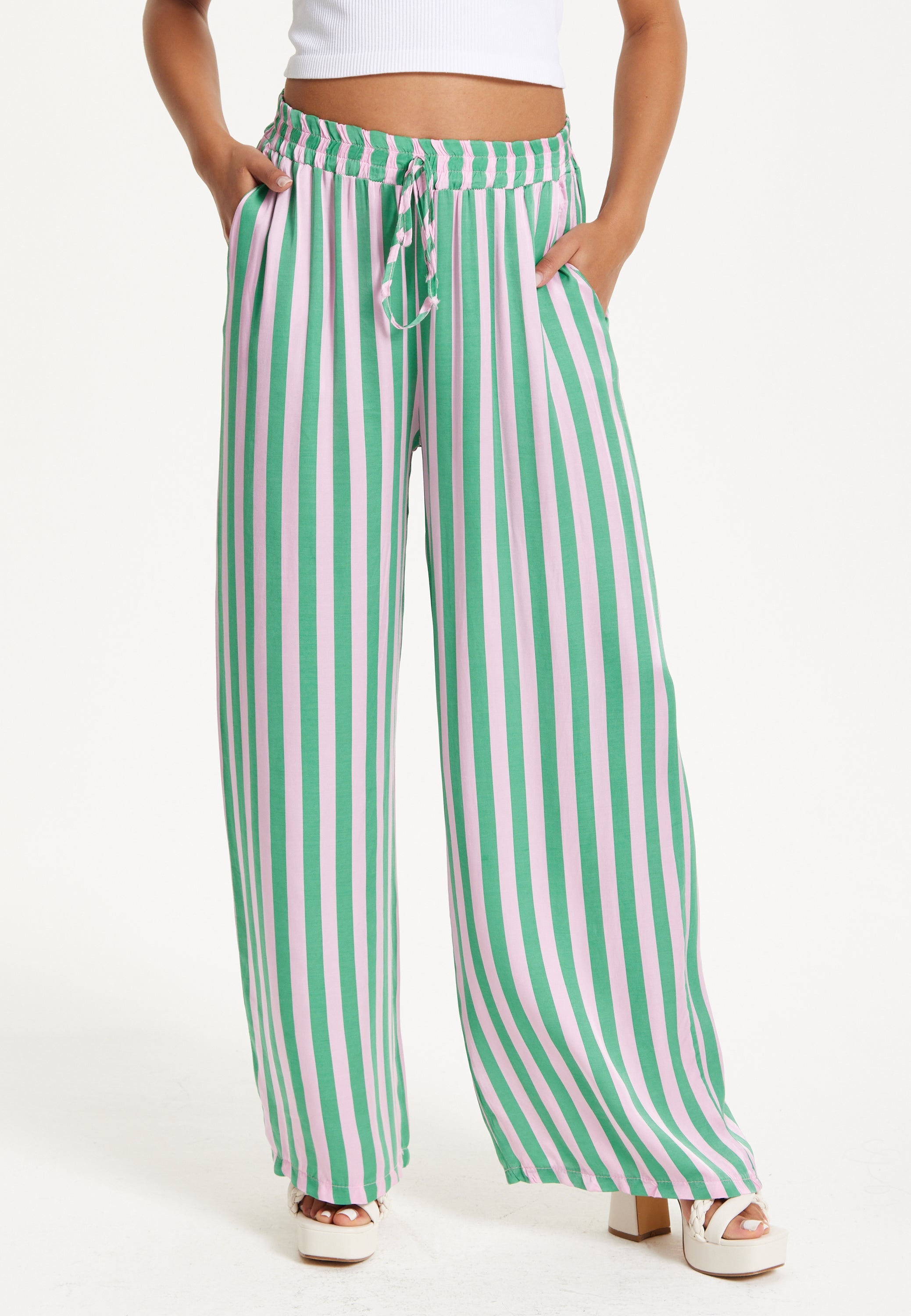 Green and Purple Striped Wide Leg Trousers