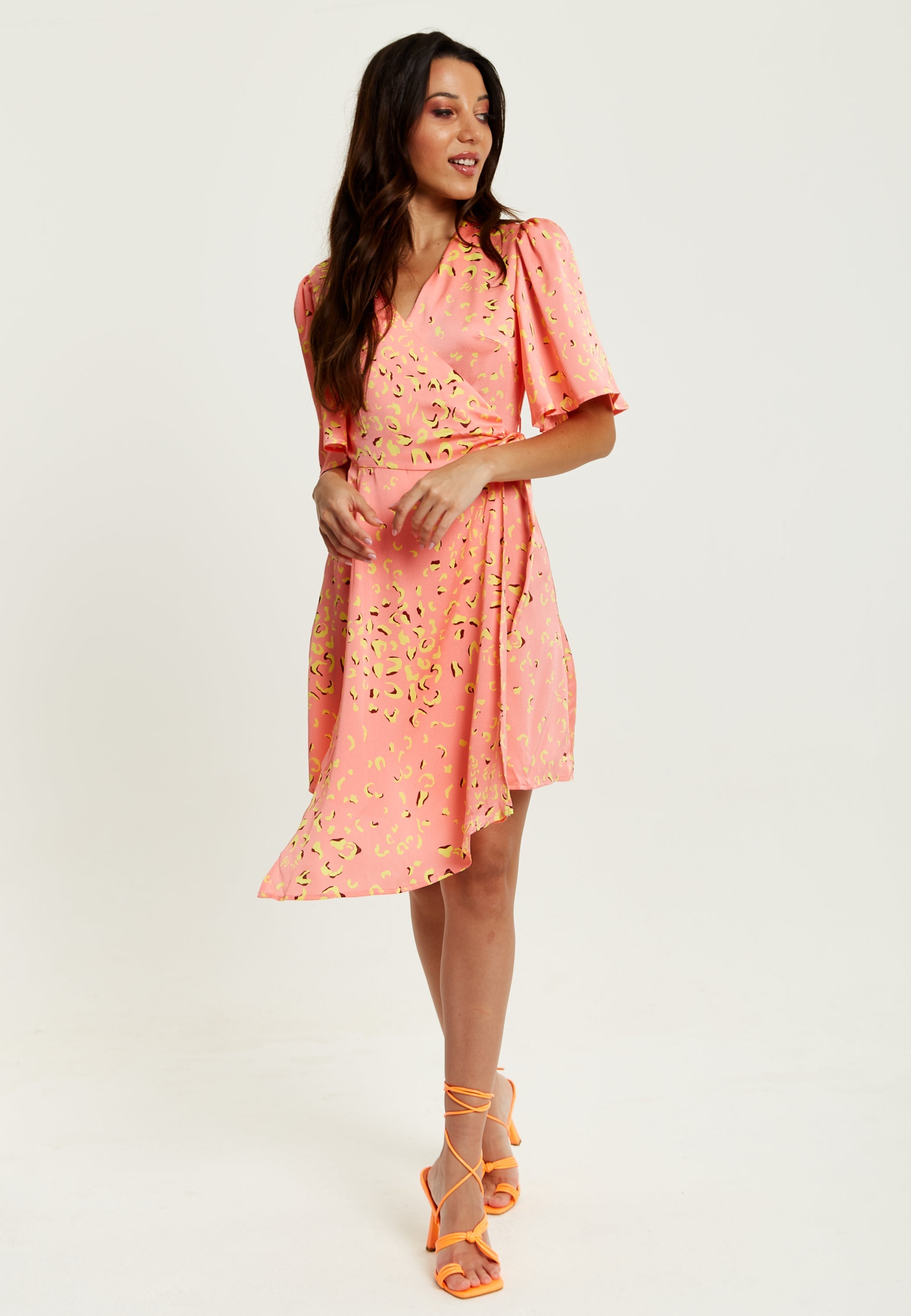 Women's Midi Wrap Dress in Peach with V-Neck, Side Tie, Kimono Sleeves - Stylish and Comfortable by Liquorish