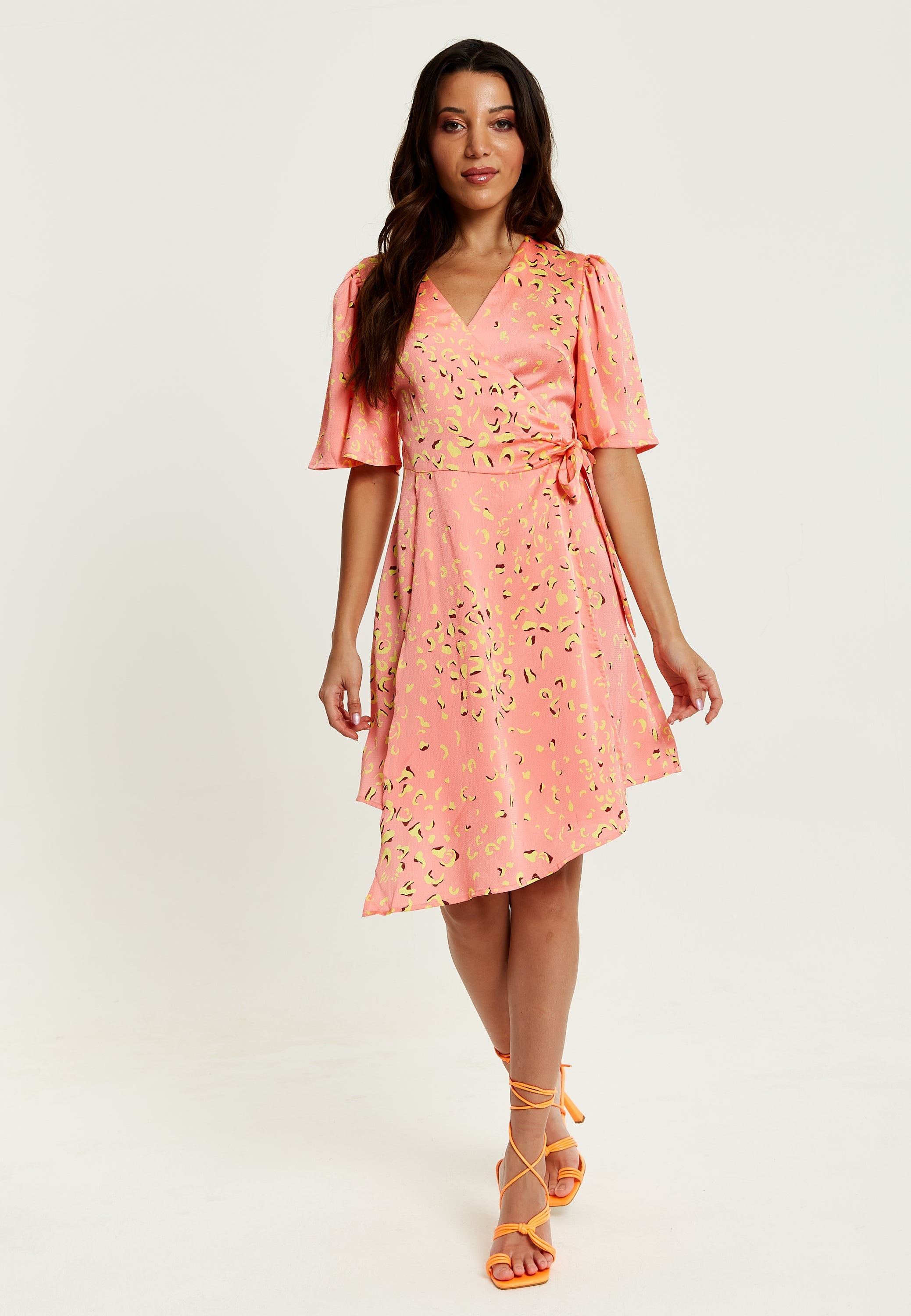 Women's Midi Wrap Dress in Peach with V-Neck, Side Tie, Kimono Sleeves - Stylish and Comfortable by Liquorish