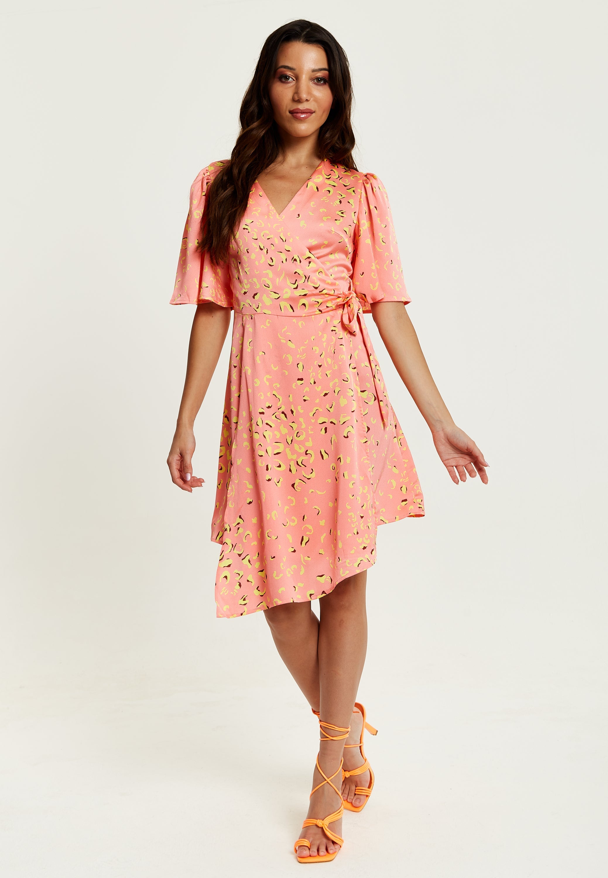 Women's Midi Wrap Dress in Peach with V-Neck, Side Tie, Kimono Sleeves - Stylish and Comfortable by Liquorish