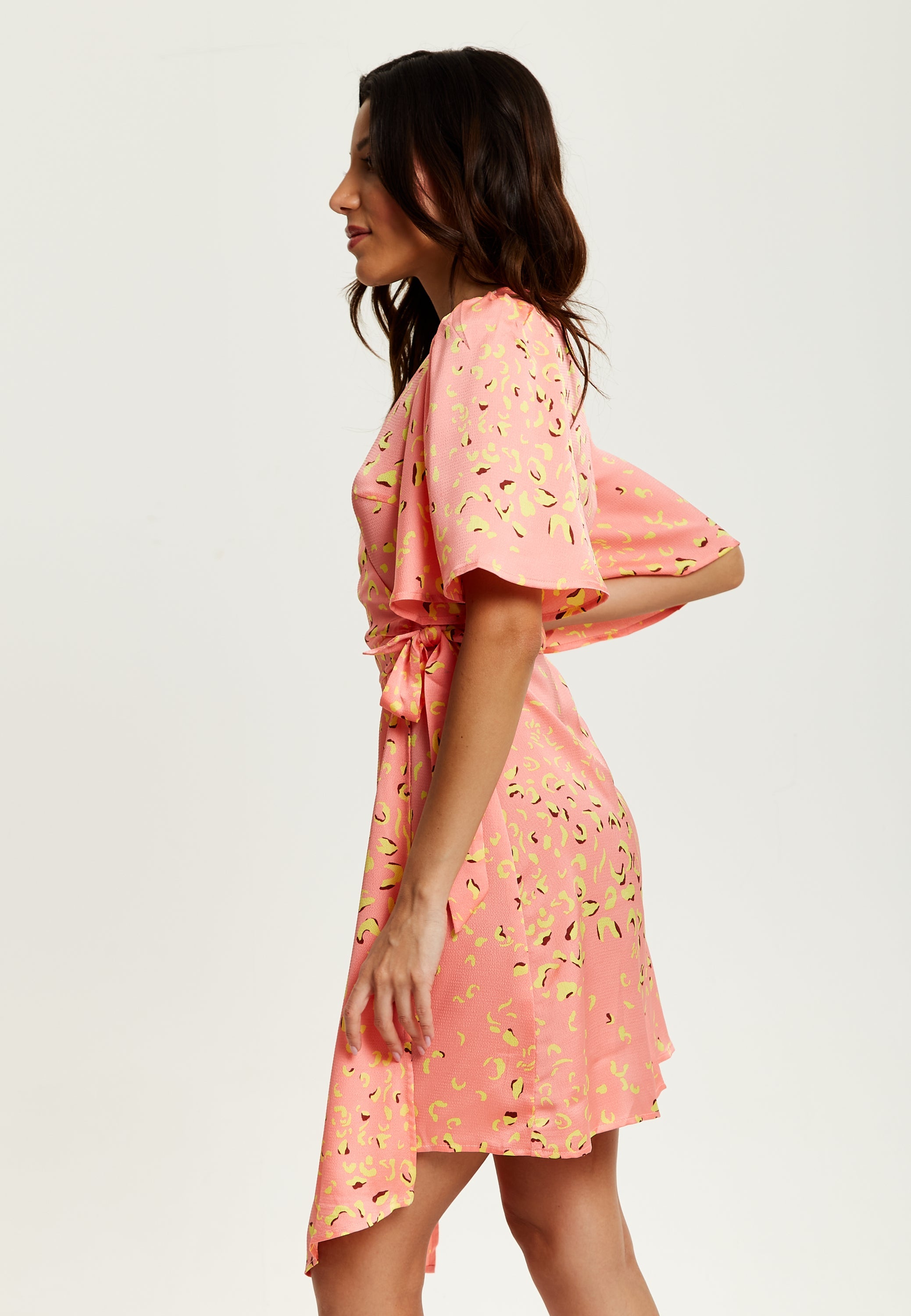 Women's Midi Wrap Dress in Peach with V-Neck, Side Tie, Kimono Sleeves - Stylish and Comfortable by Liquorish