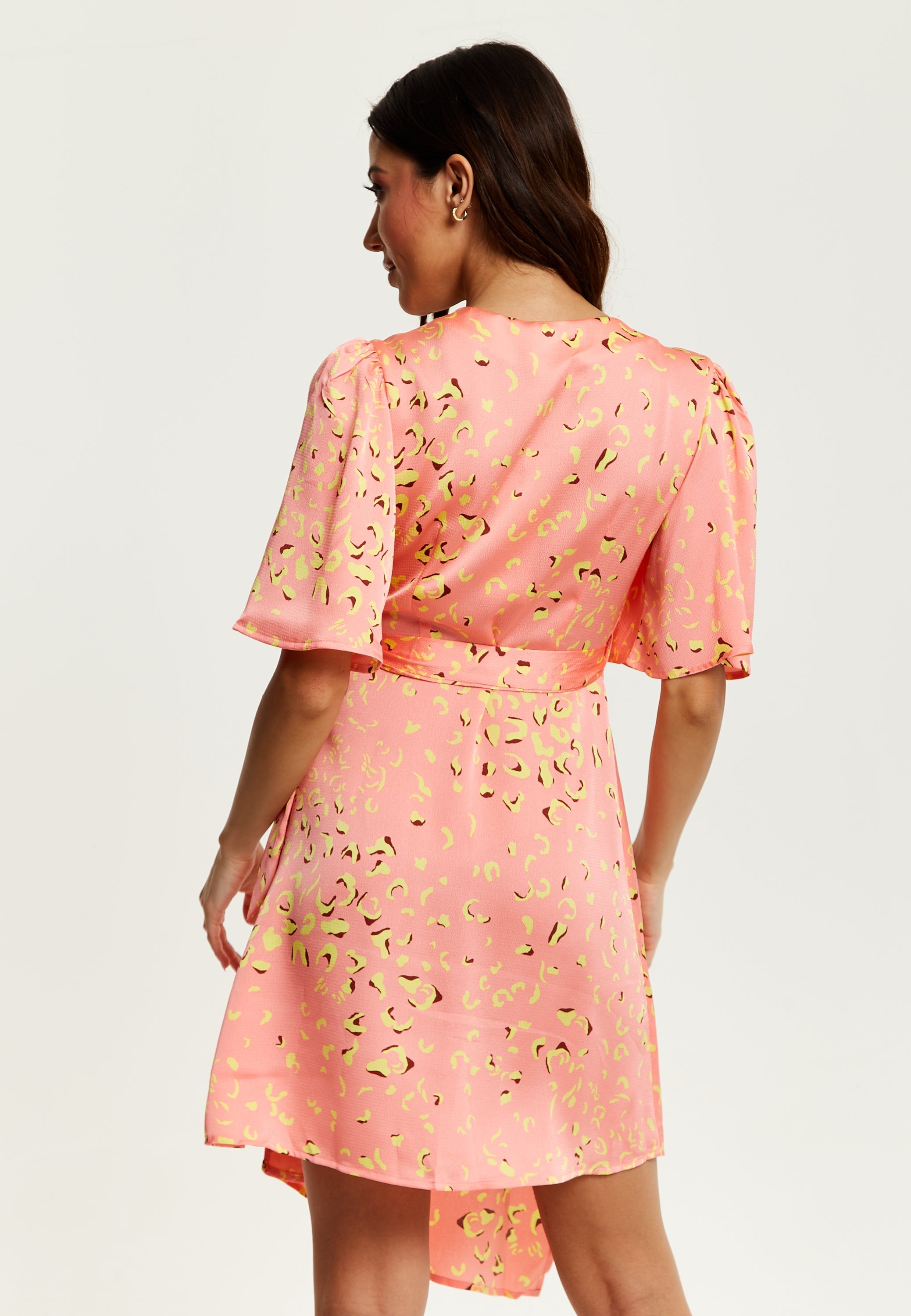 Women's Midi Wrap Dress in Peach with V-Neck, Side Tie, Kimono Sleeves - Stylish and Comfortable by Liquorish