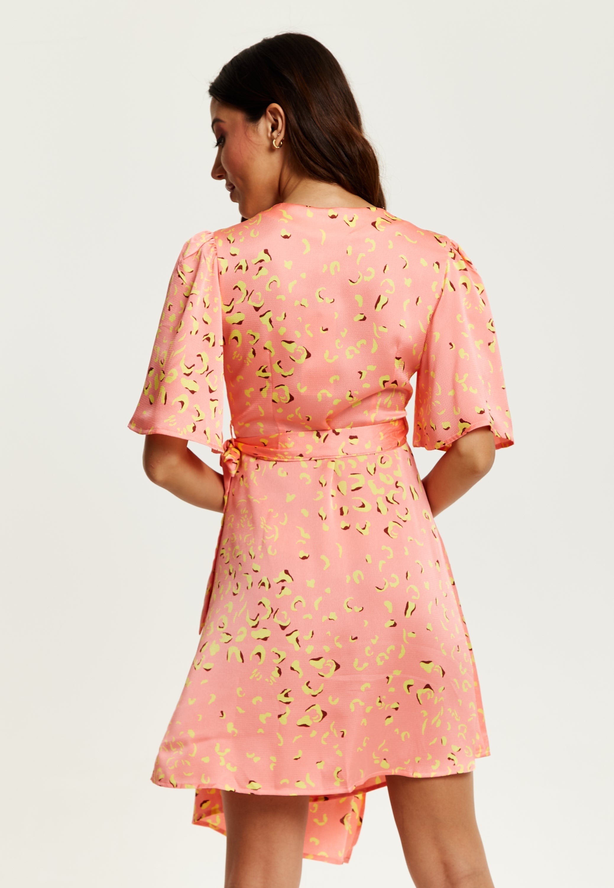 Women's Midi Wrap Dress in Peach with V-Neck, Side Tie, Kimono Sleeves - Stylish and Comfortable by Liquorish