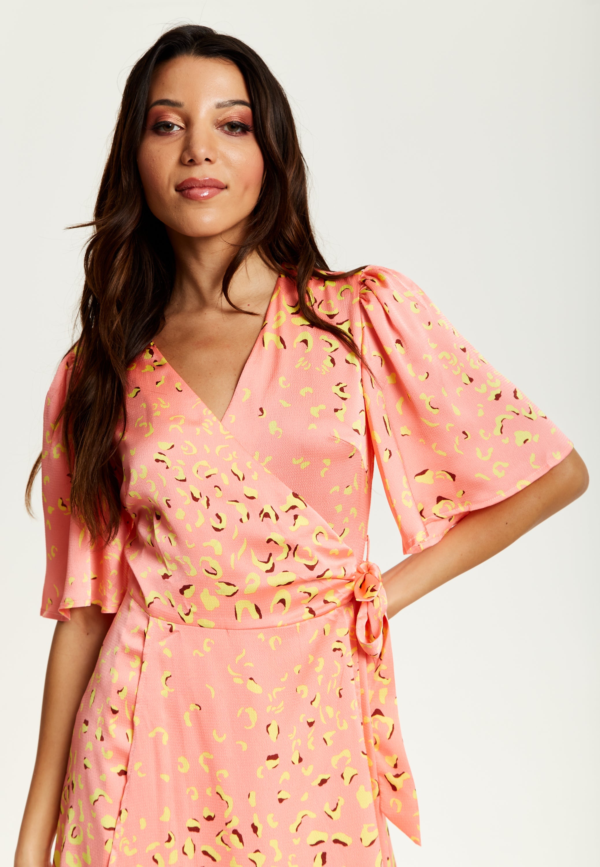 Women's Midi Wrap Dress in Peach with V-Neck, Side Tie, Kimono Sleeves - Stylish and Comfortable by Liquorish