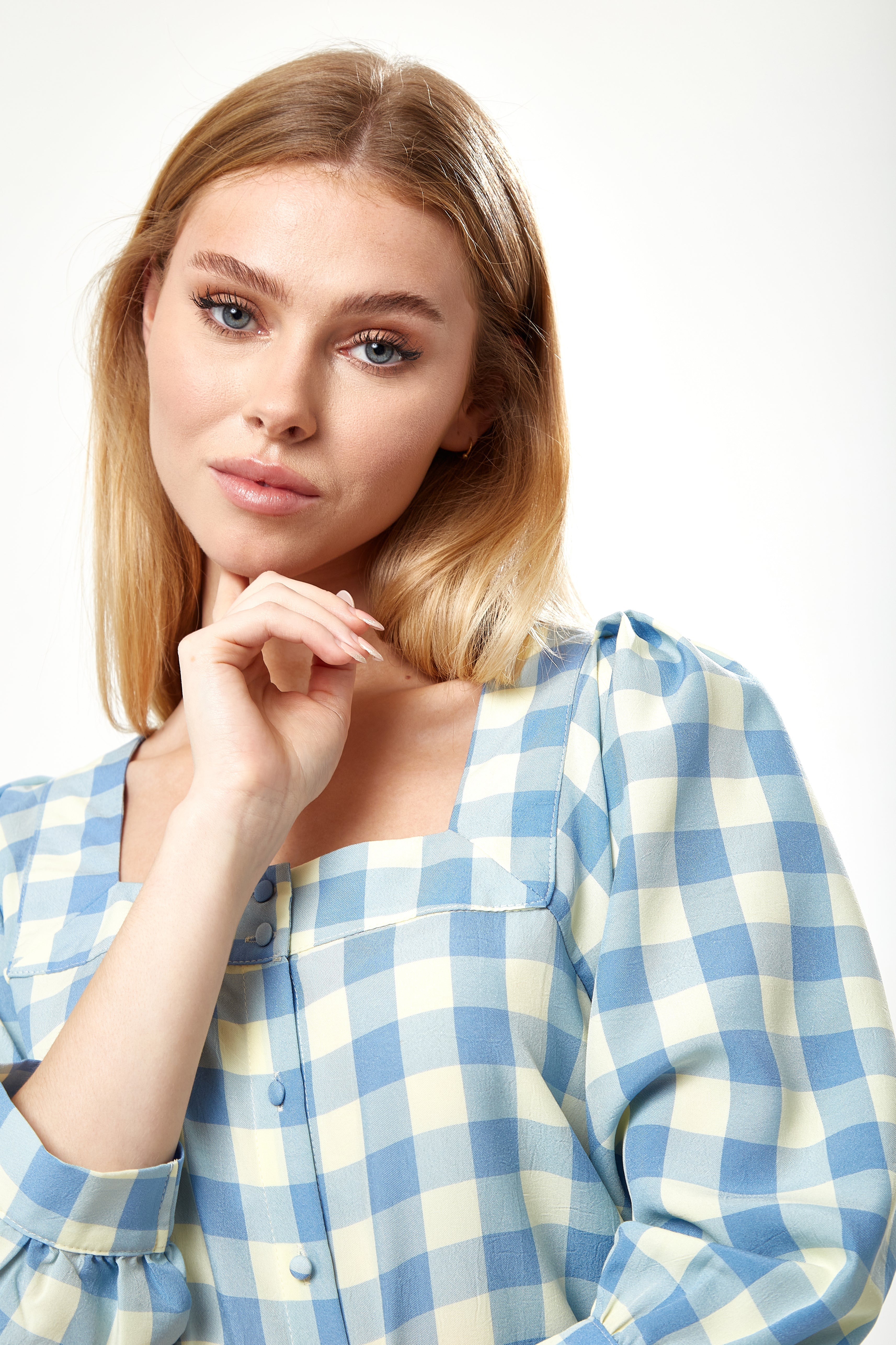 Women's Mini Dress, Blue Gingham Puff Sleeve, Button-Up Front, Oversized Fit, 3/4 Sleeve Length