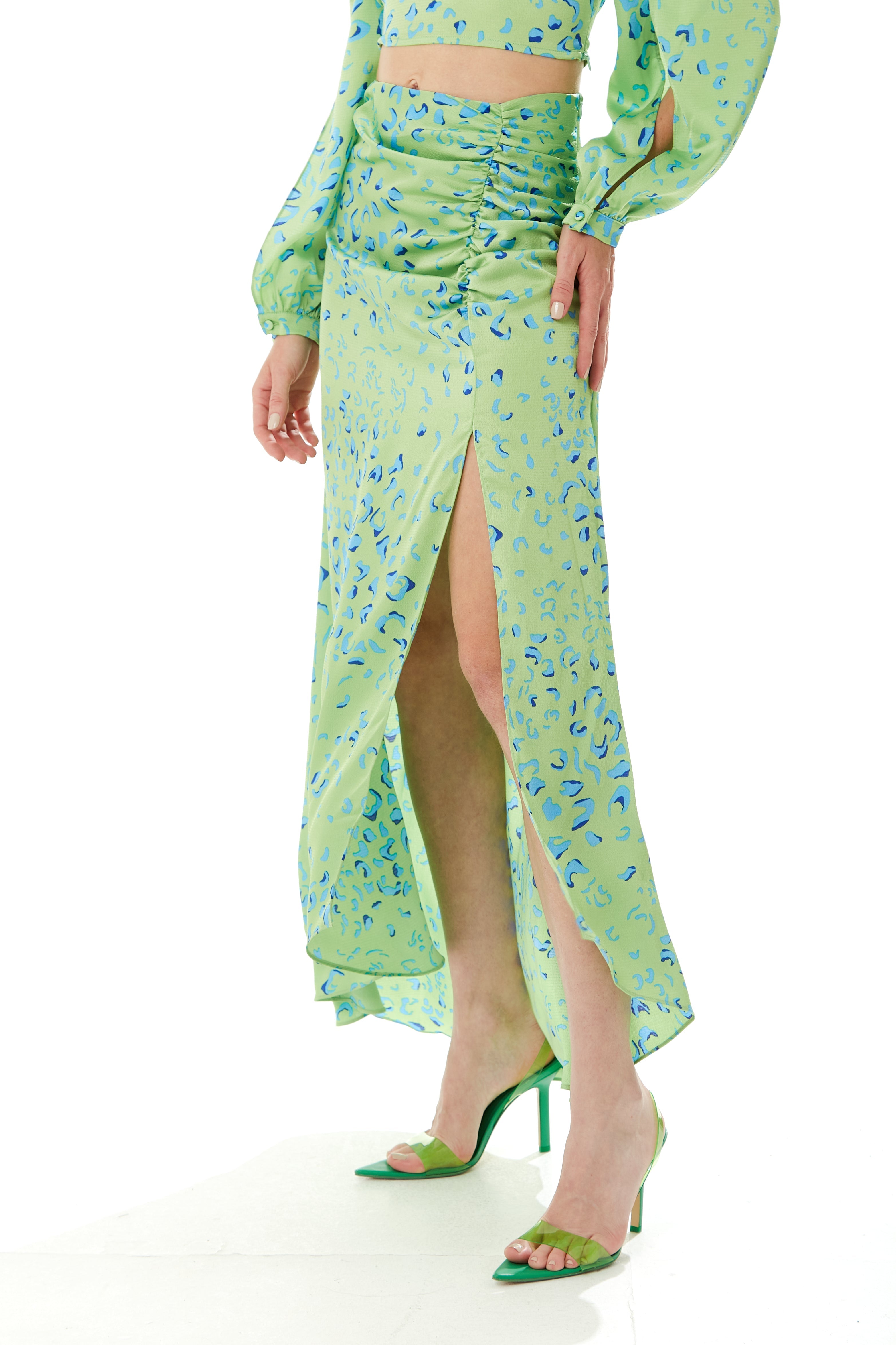 Women's Green Animal Print Maxi Skirt with Gathered Detail and Front Slit - Liquorish