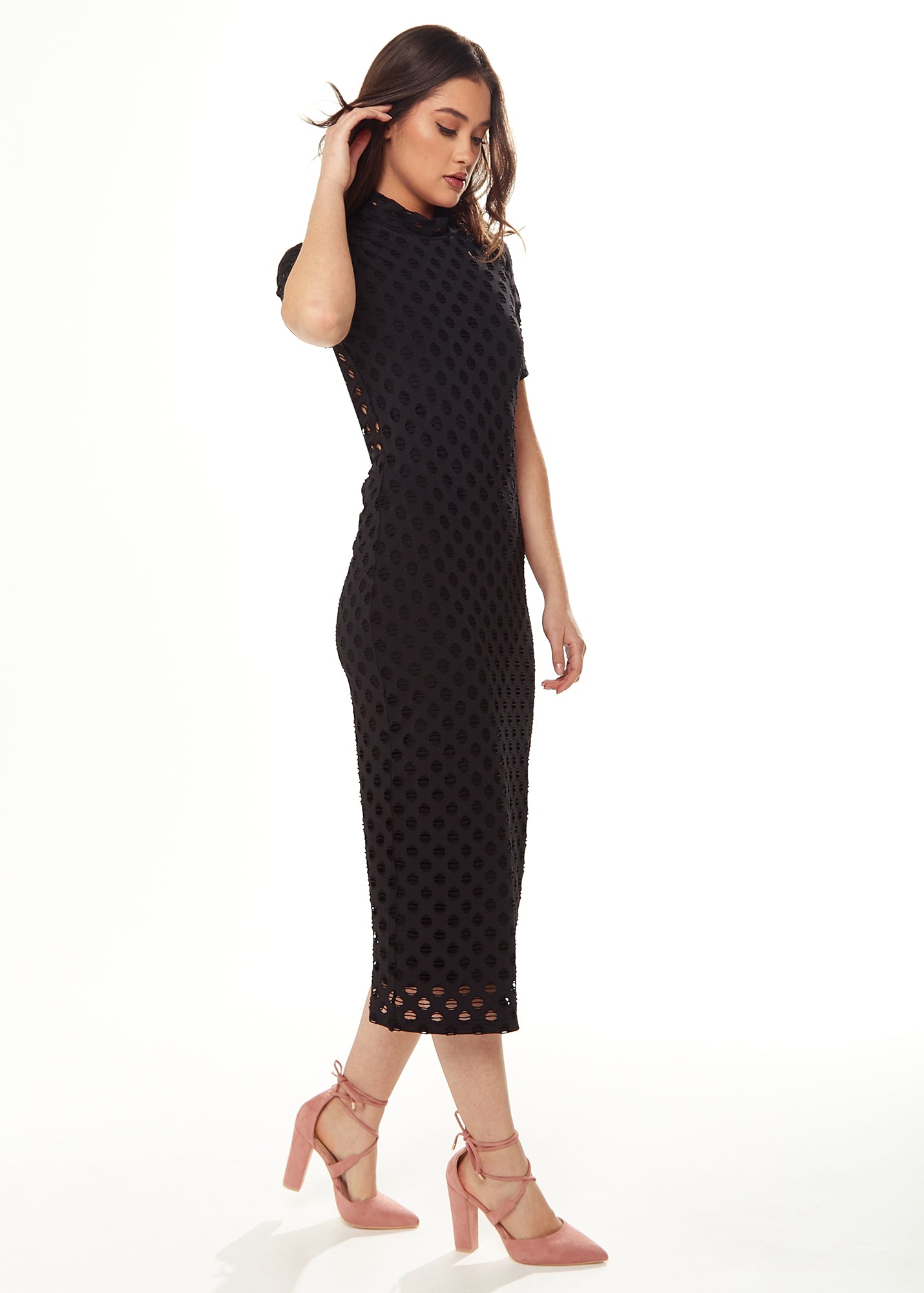 Women's Midi Dress with High Neck, Short Sleeves, Open Back Detail in Black - Liquorish