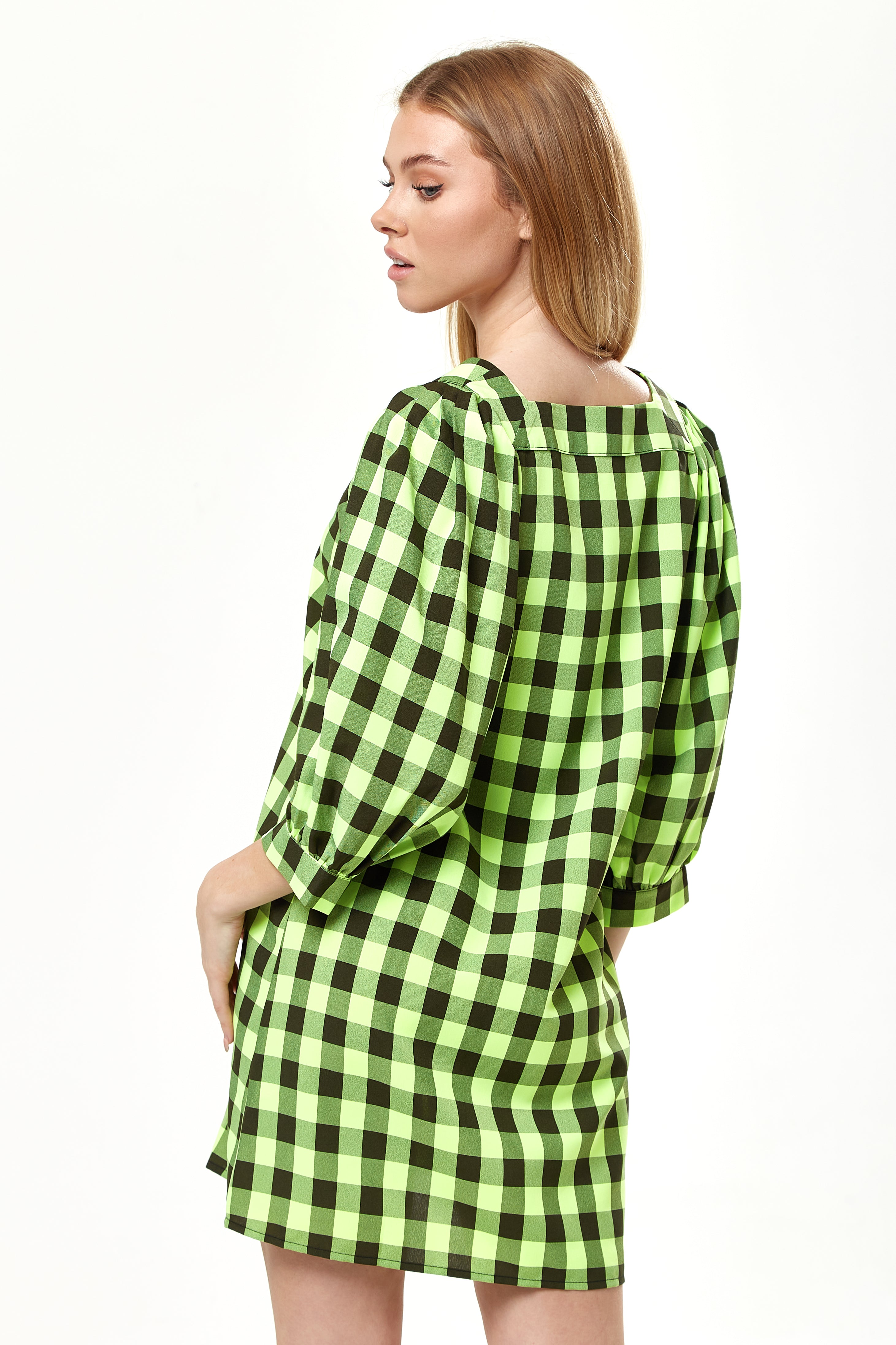 Women’s Mini Dress with Puff Sleeves in Neon Green Gingham, Button-Up Front, Oversized Fit, Playful and Chic
