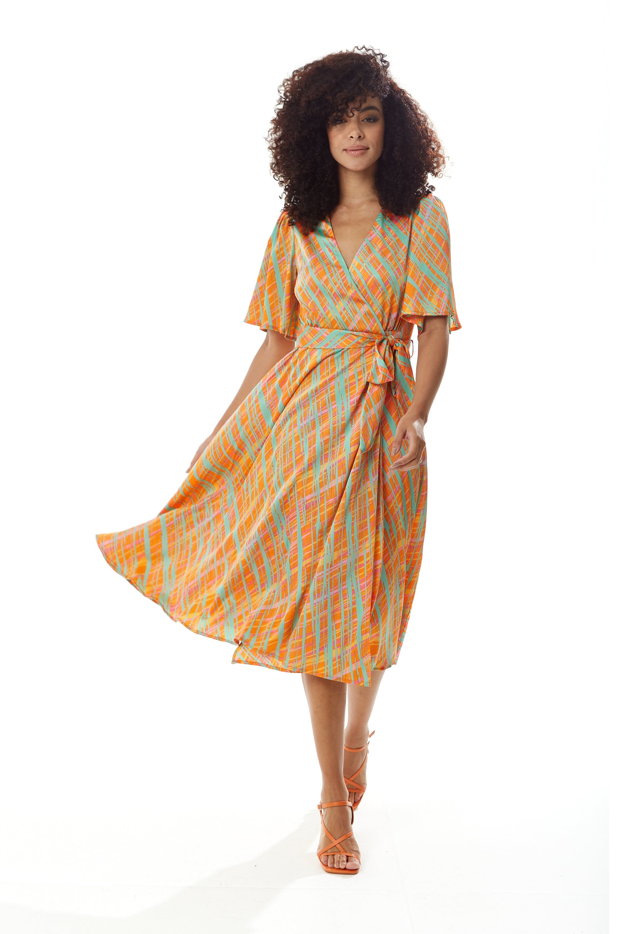 Women's Midi Wrap Dress in Orange Scribble Print with V Neck and Kimono Sleeves - Perfect for Weddings by Liquorish