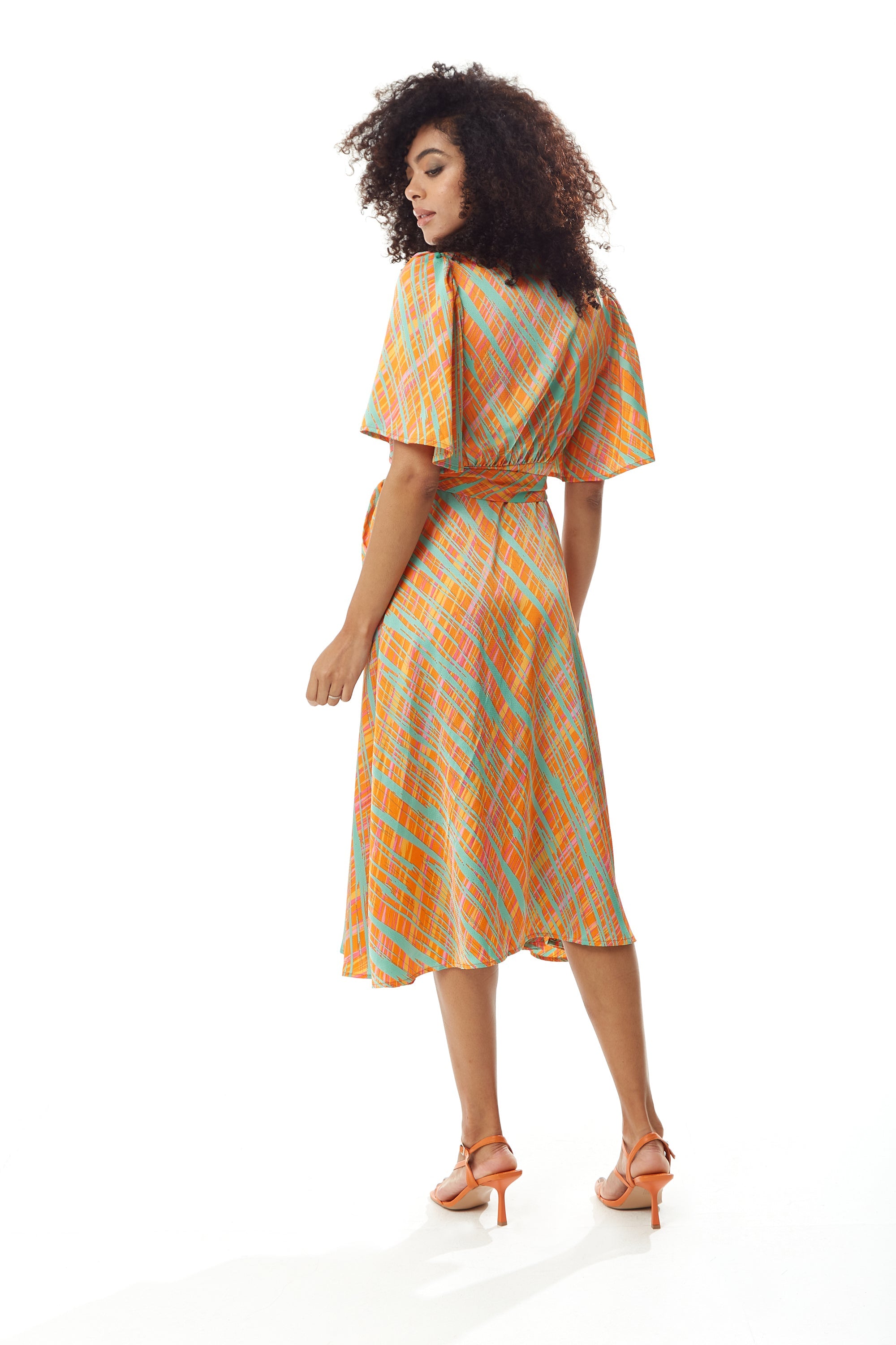 Women's Midi Wrap Dress in Orange Scribble Print with V Neck and Kimono Sleeves - Perfect for Weddings by Liquorish