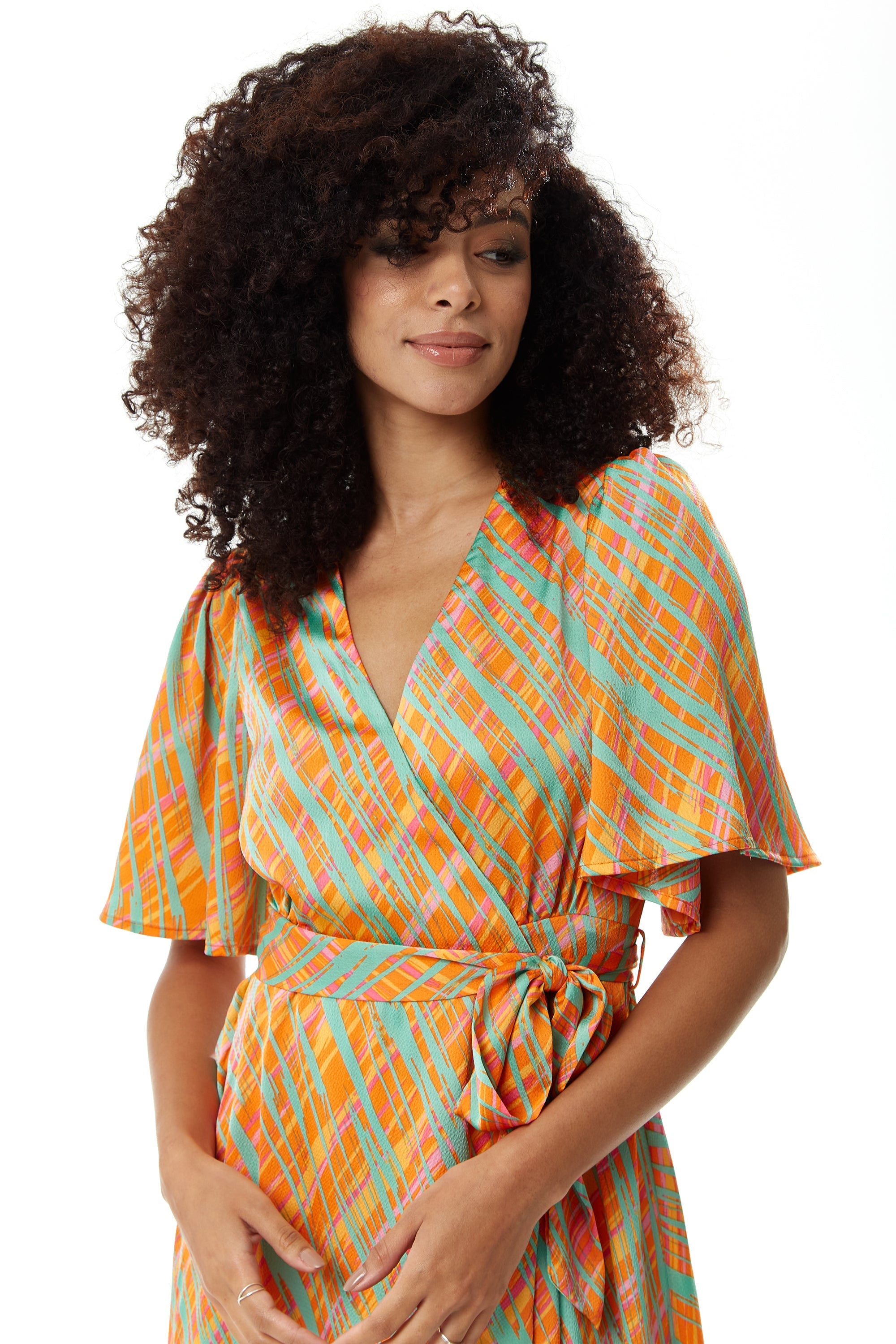 Women's Midi Wrap Dress in Orange Scribble Print with V Neck and Kimono Sleeves - Perfect for Weddings by Liquorish