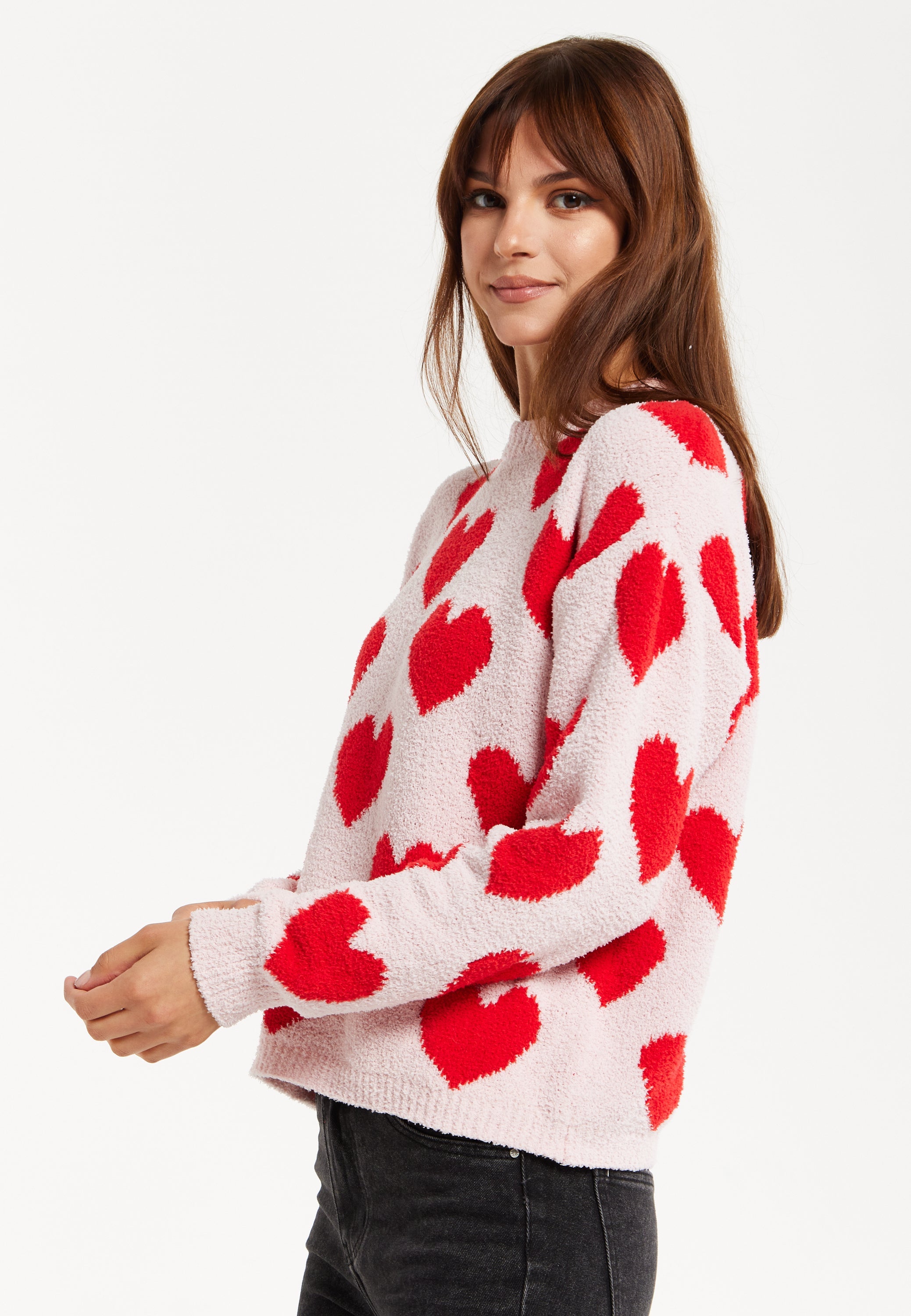 Women's Red Heart-Print Knit Jumper with Long Sleeves - Cozy and Playful Liquorish Design