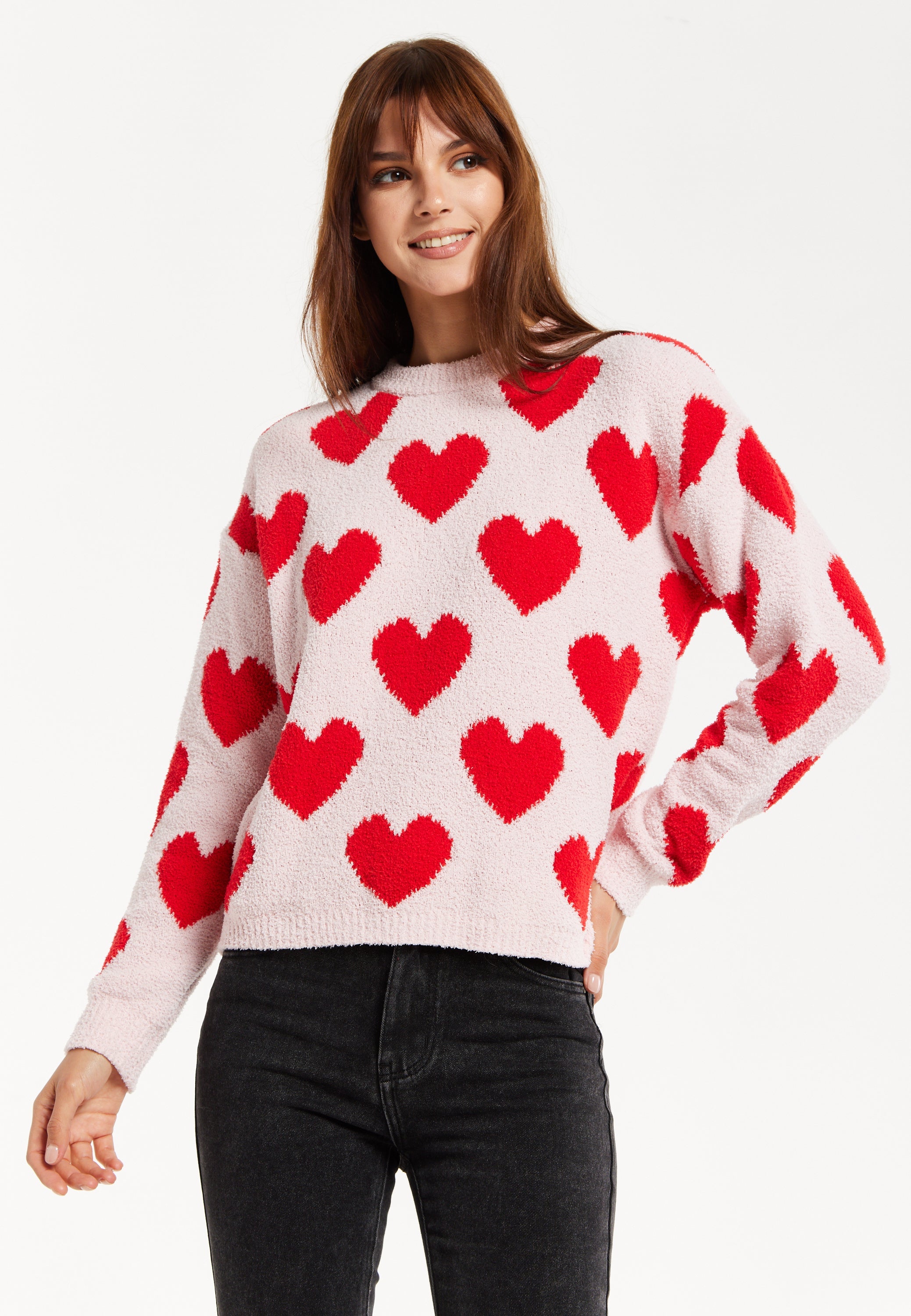 Women's Red Heart-Print Knit Jumper with Long Sleeves - Cozy and Playful Liquorish Design