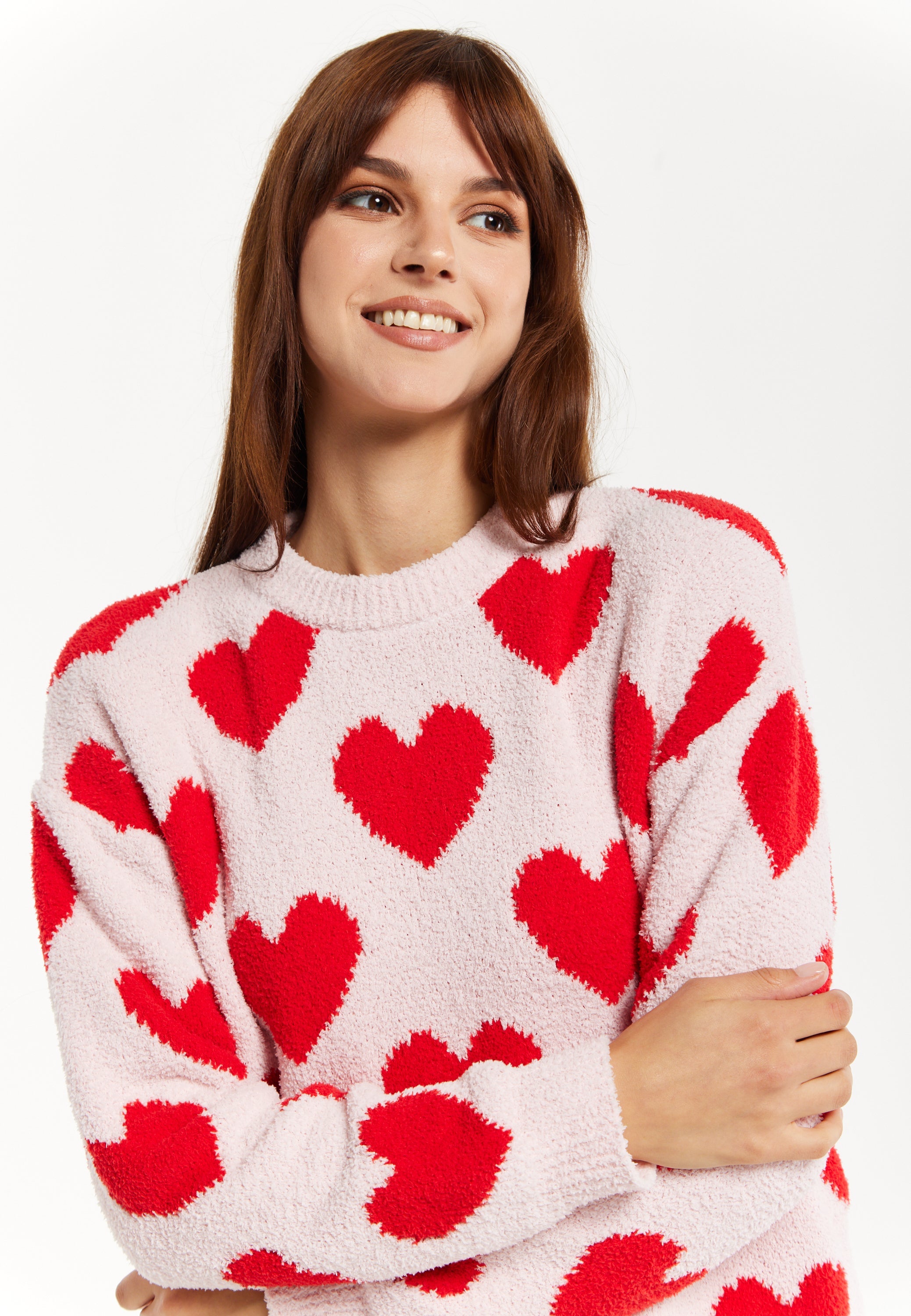 Women's Red Heart-Print Knit Jumper with Long Sleeves - Cozy and Playful Liquorish Design