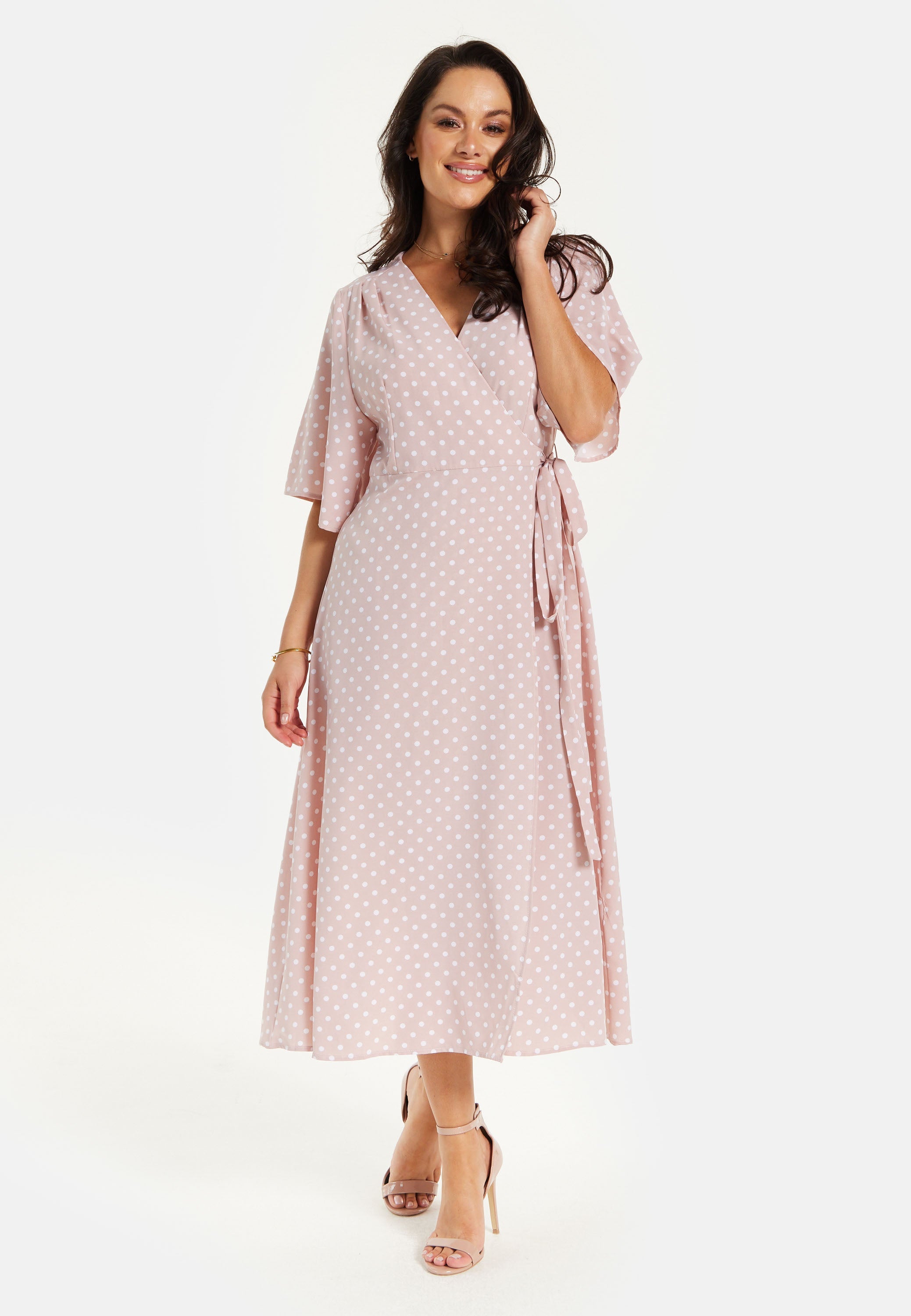 Women’s Midi Wrap Dress in Light Pink with Kimono Sleeves - Elegant Design by Liquorish