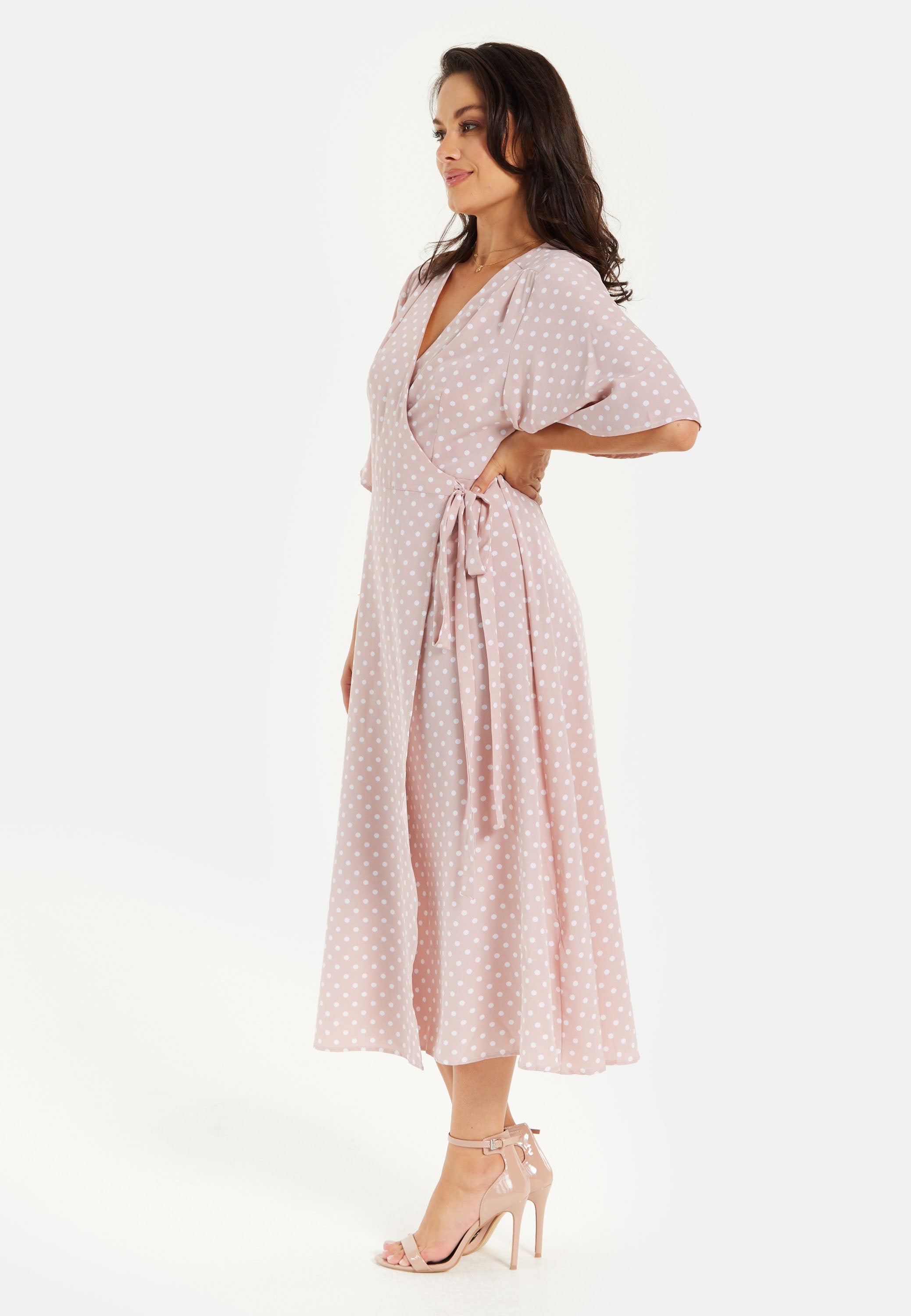 Women’s Midi Wrap Dress in Light Pink with Kimono Sleeves - Elegant Design by Liquorish