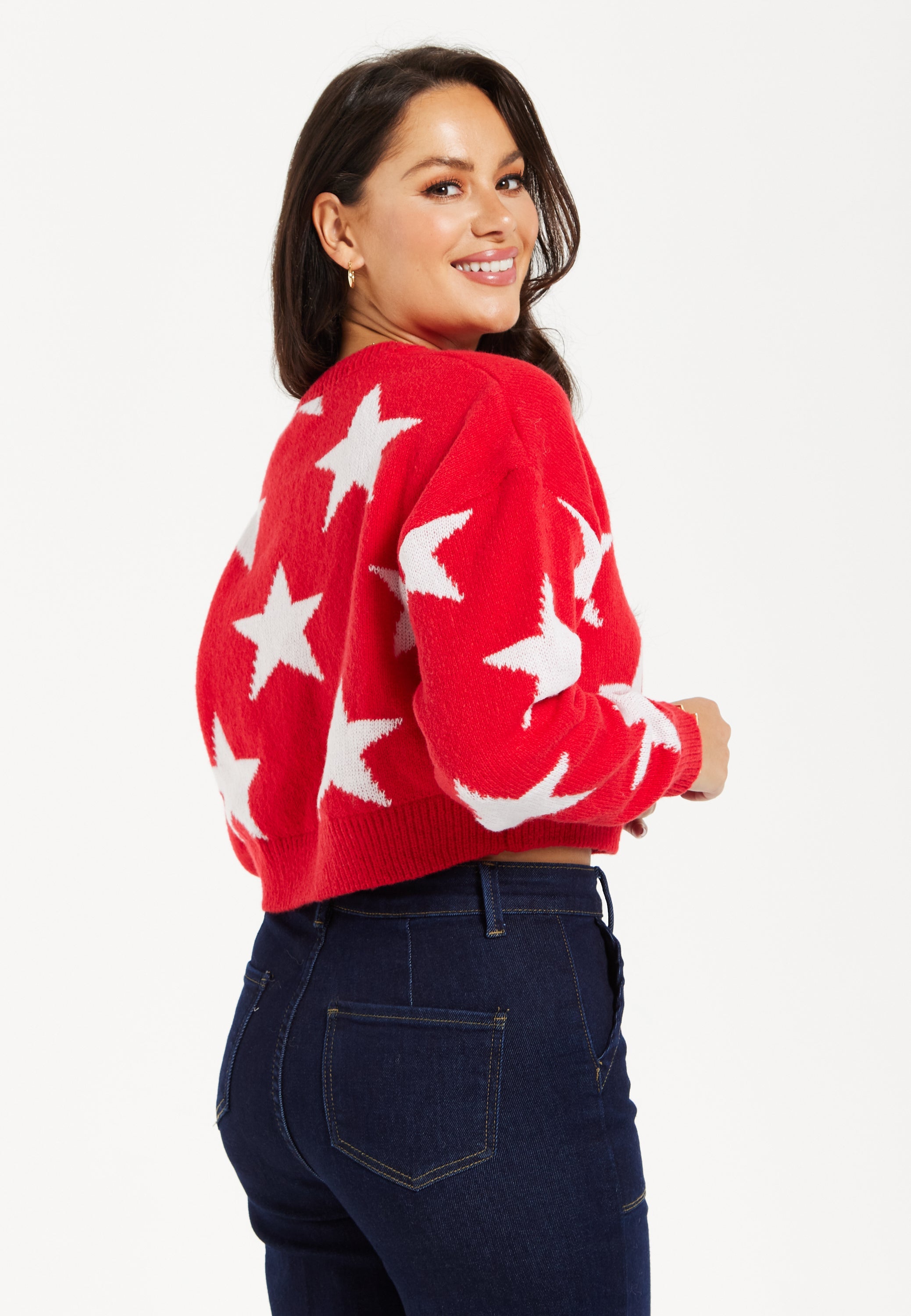 Women's Red Cropped Long Sleeve Jumper with Unique Star Pattern by Liquorish