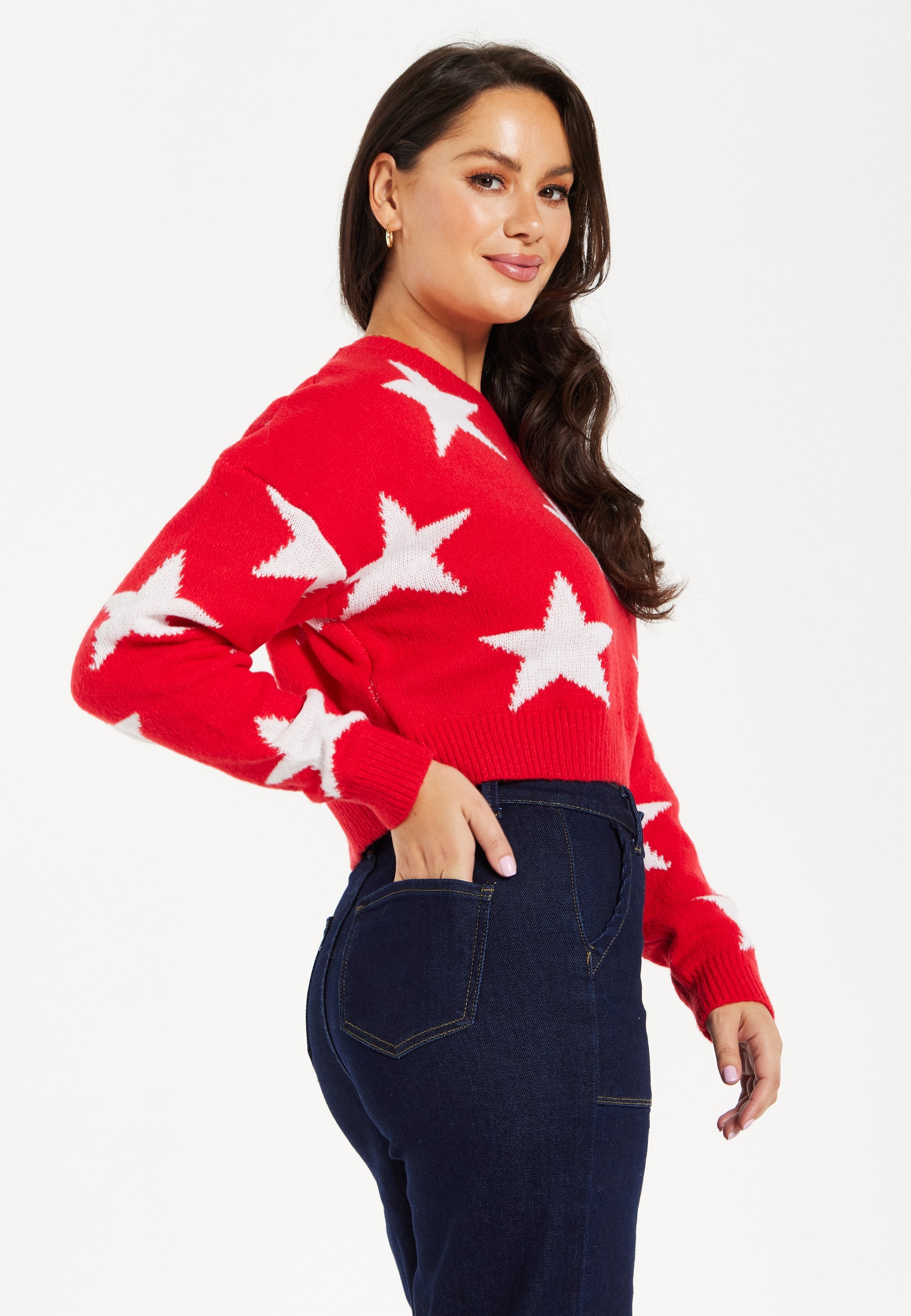 Women's Red Cropped Long Sleeve Jumper with Unique Star Pattern by Liquorish