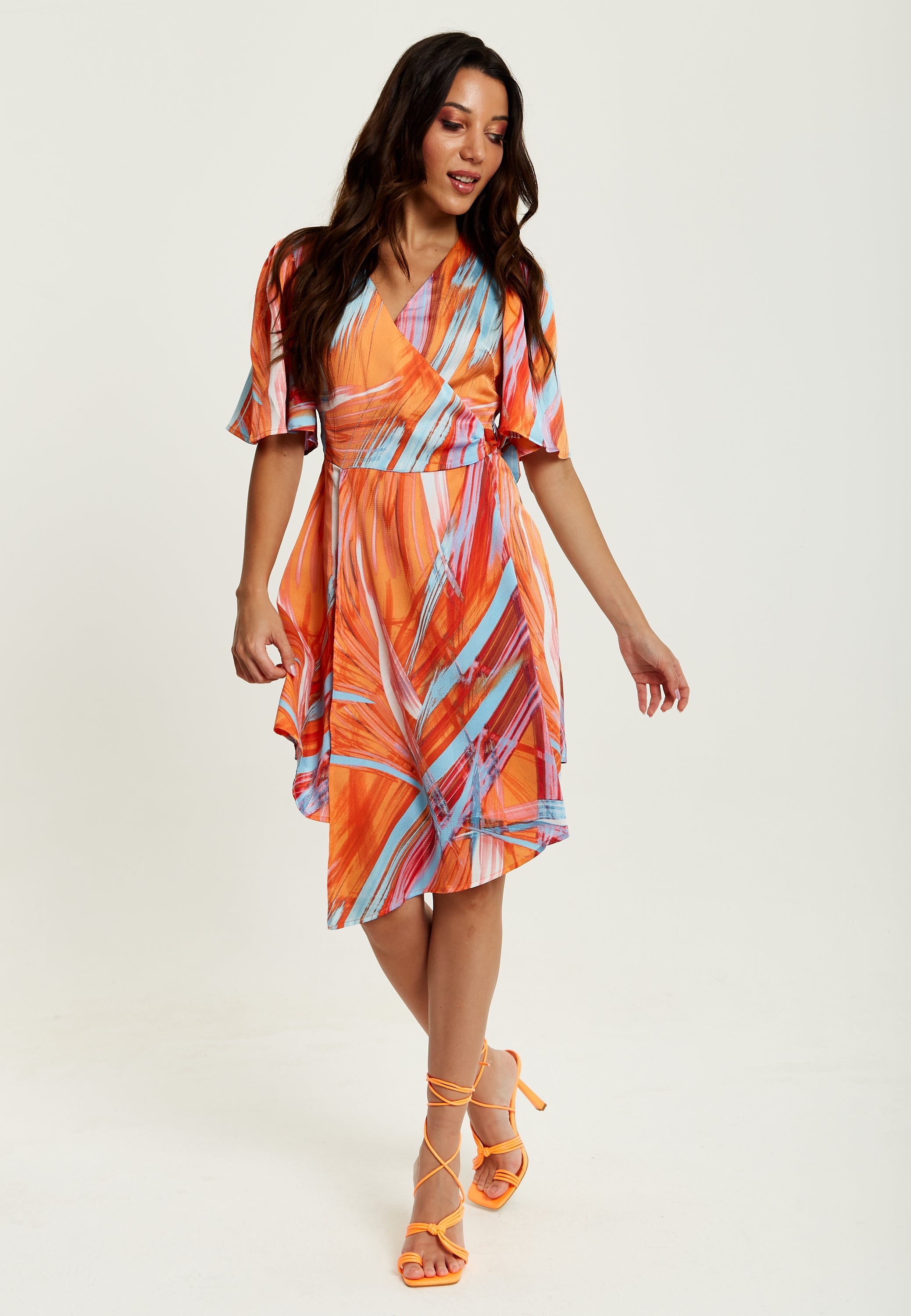 Women's Midi Wrap Dress in Orange with V Neck, Kimono Sleeves, and Abstract Print - Stylish Design by Liquorish