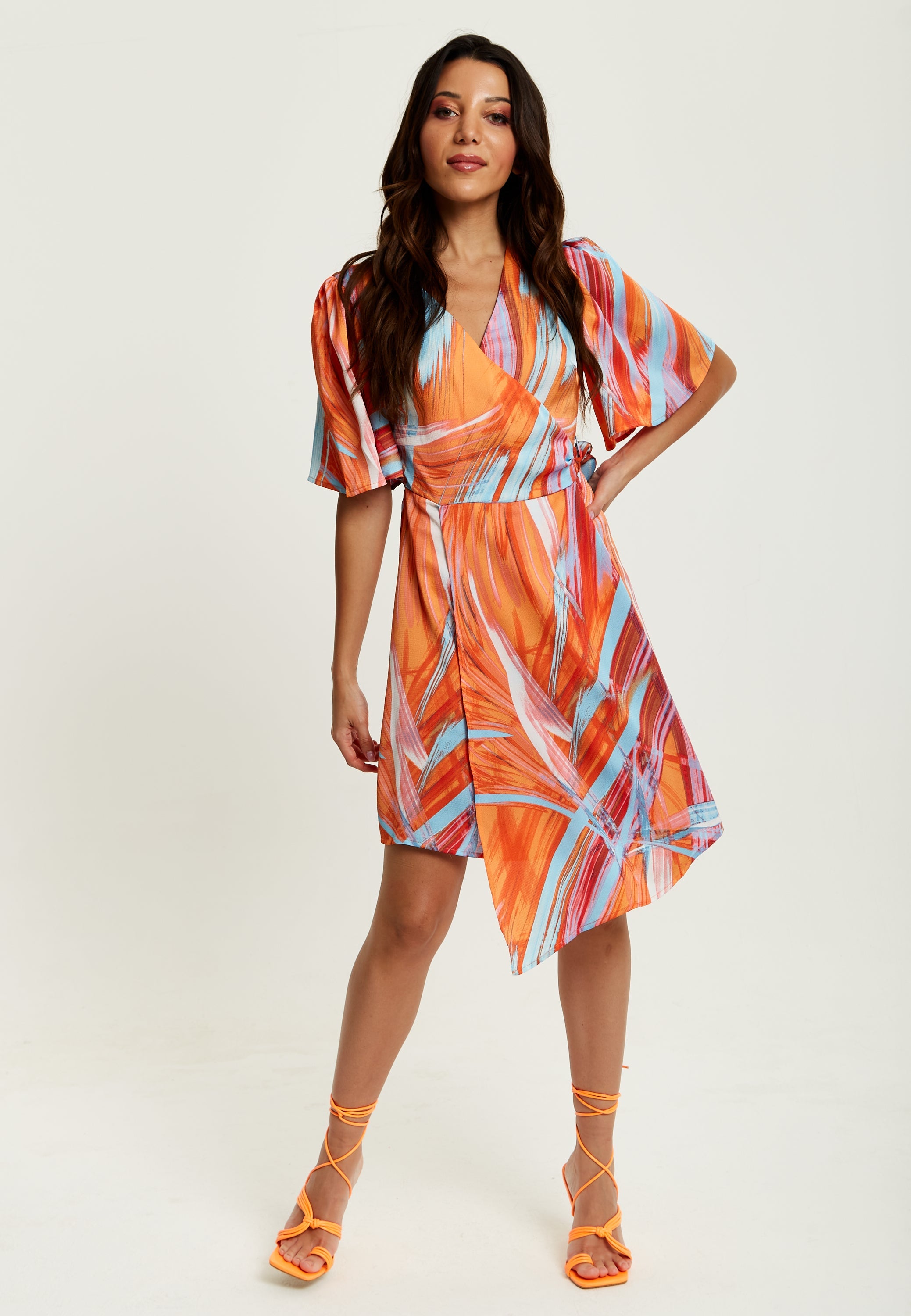 Women's Midi Wrap Dress in Orange with V Neck, Kimono Sleeves, and Abstract Print - Stylish Design by Liquorish