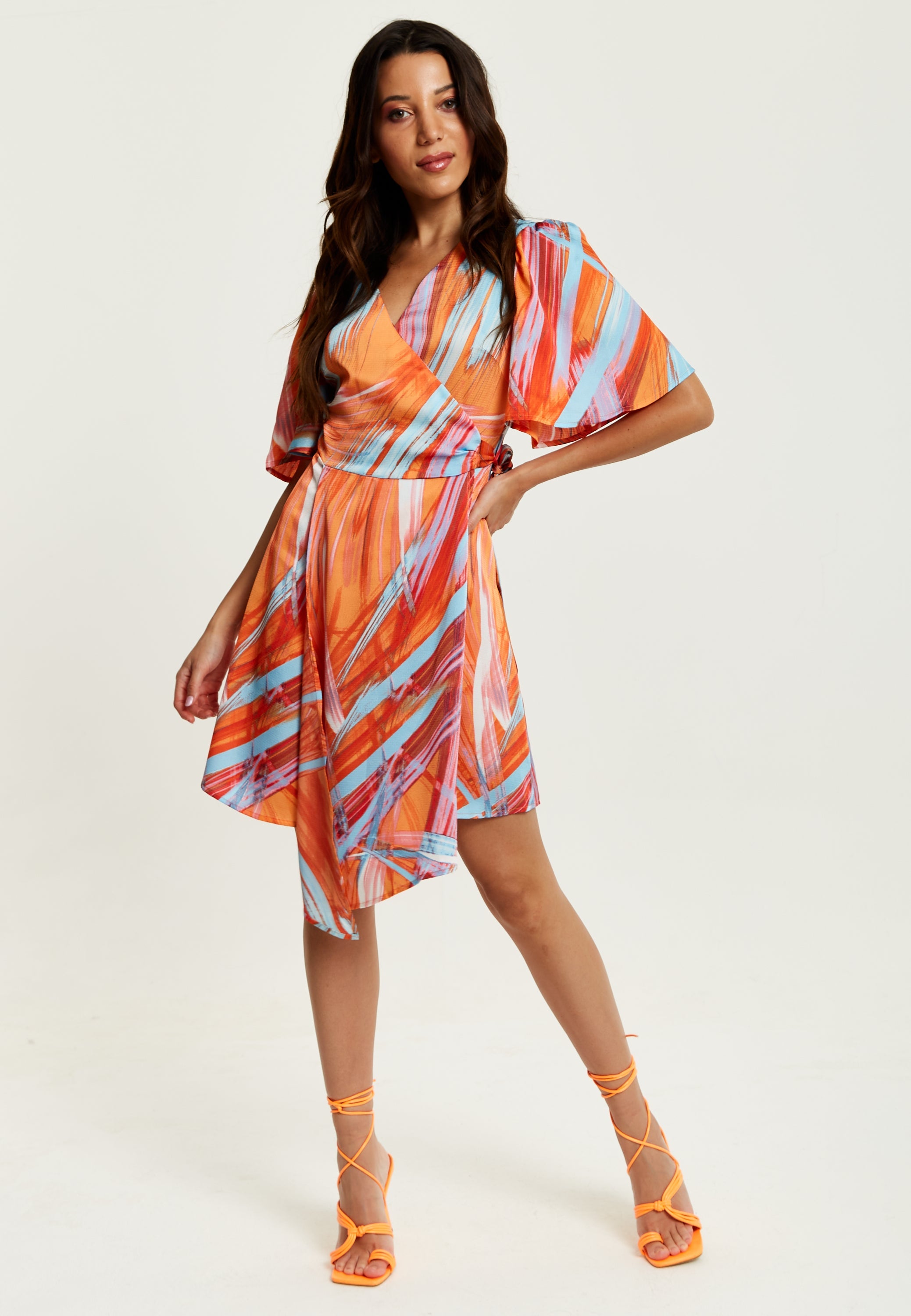 Women's Midi Wrap Dress in Orange with V Neck, Kimono Sleeves, and Abstract Print - Stylish Design by Liquorish