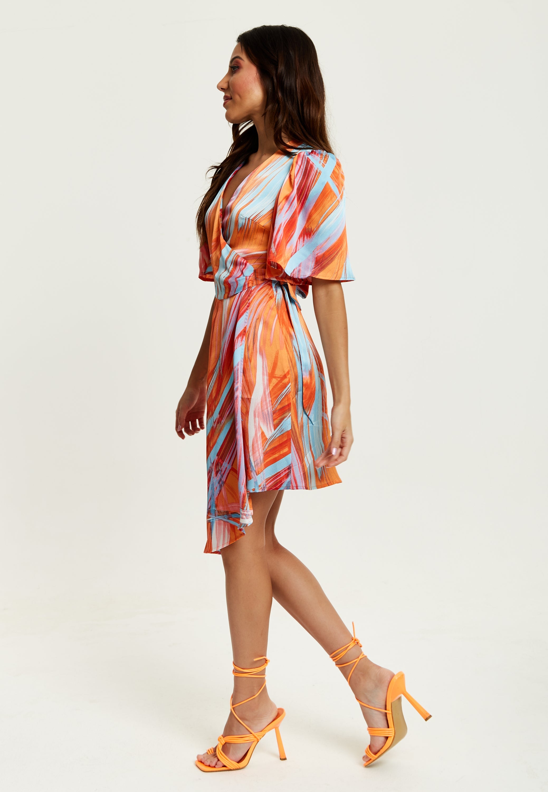 Women's Midi Wrap Dress in Orange with V Neck, Kimono Sleeves, and Abstract Print - Stylish Design by Liquorish