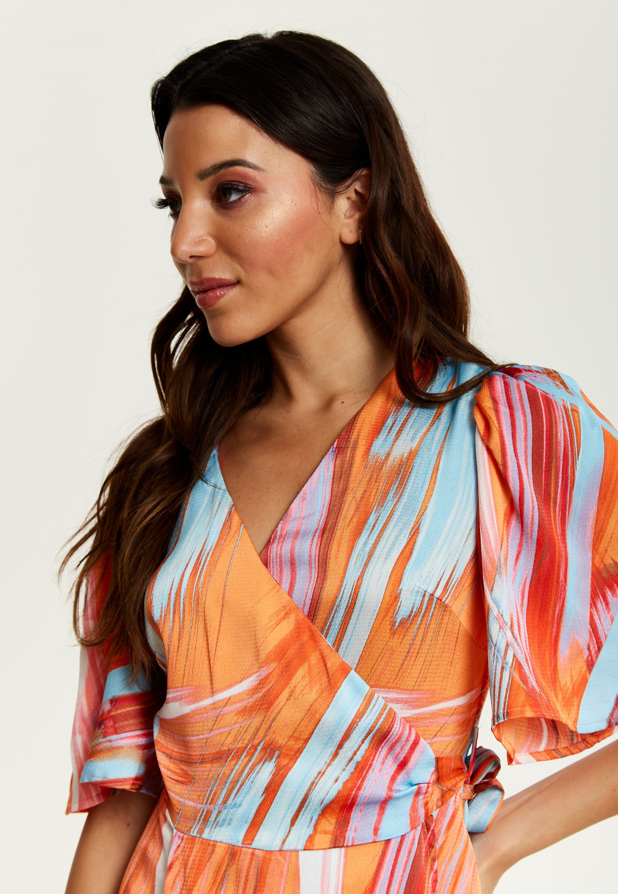 Women's Midi Wrap Dress in Orange with V Neck, Kimono Sleeves, and Abstract Print - Stylish Design by Liquorish
