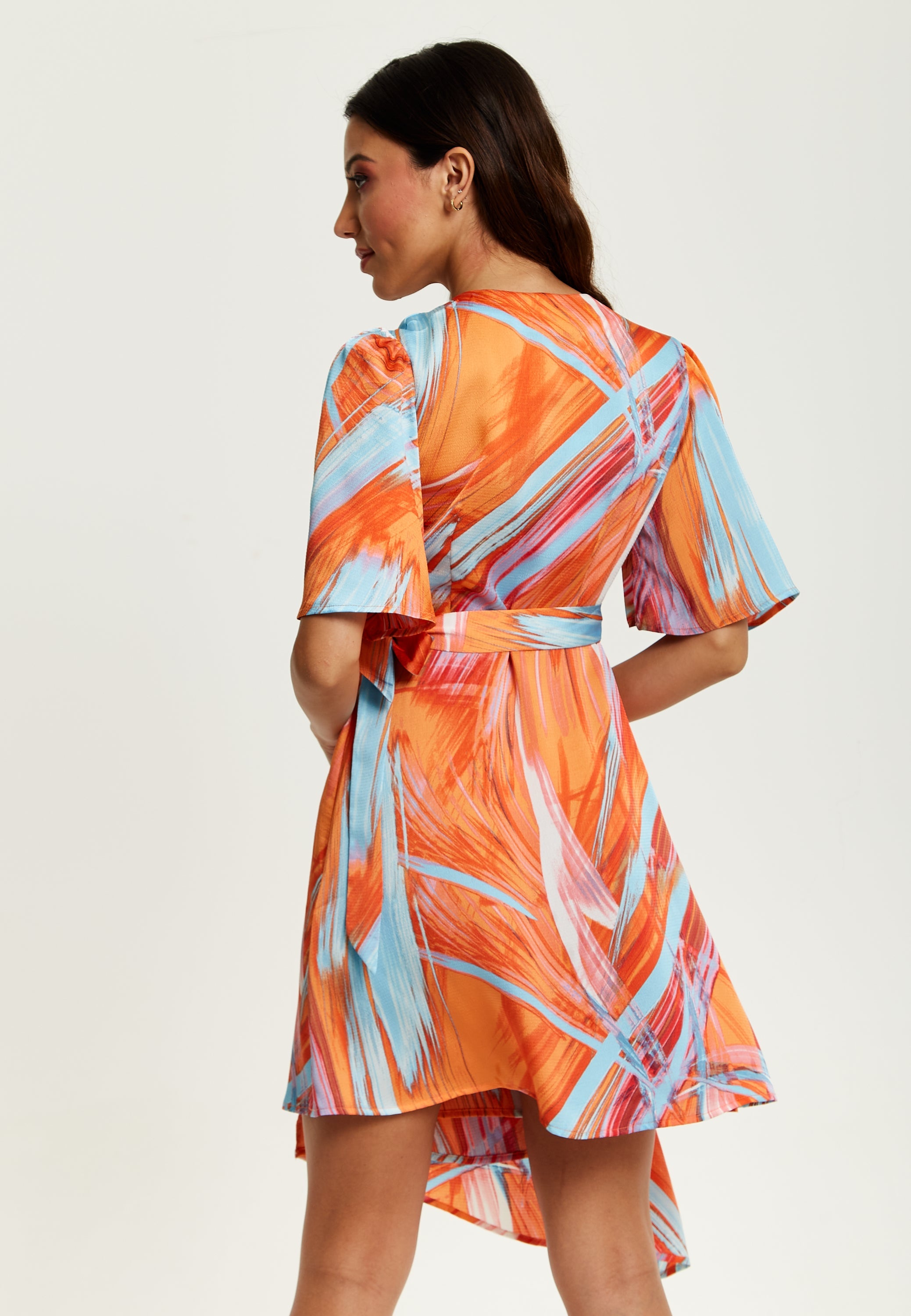 Women's Midi Wrap Dress in Orange with V Neck, Kimono Sleeves, and Abstract Print - Stylish Design by Liquorish