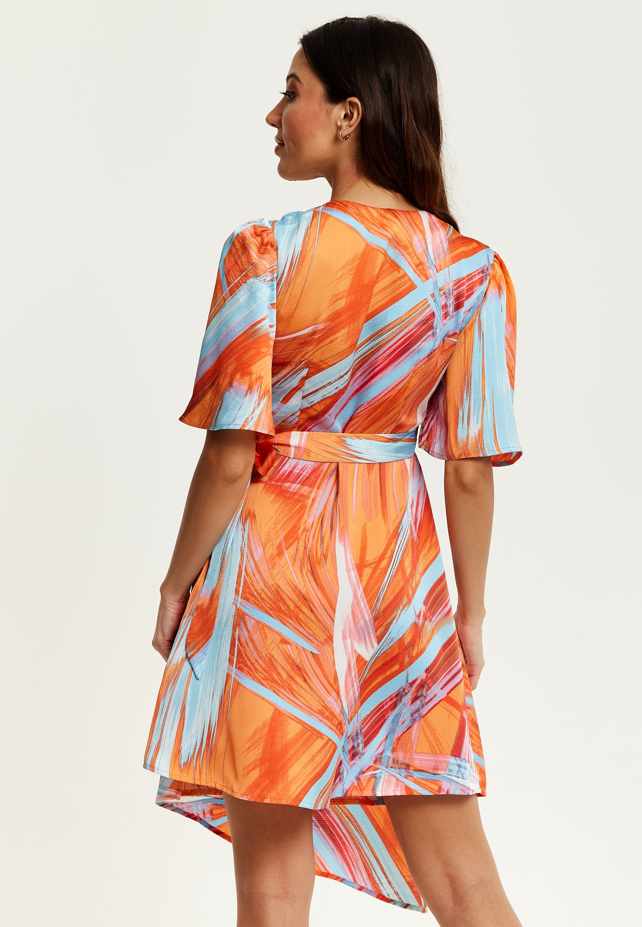 Women's Midi Wrap Dress in Orange with V Neck, Kimono Sleeves, and Abstract Print - Stylish Design by Liquorish