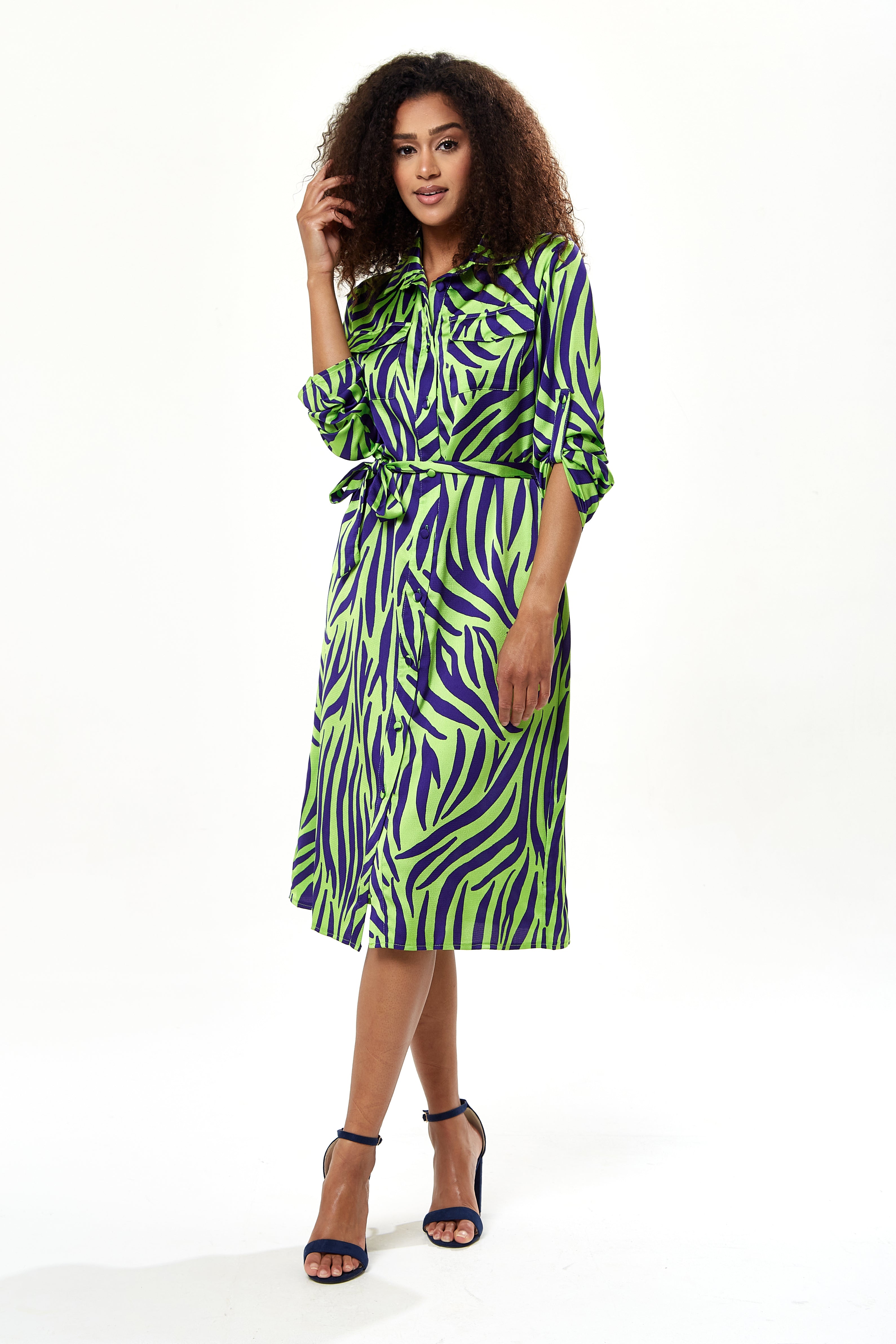 Women's Midi Dress in Mint and Blue Zebra Print with Long Sleeves - Stylish Elegance by Liquorish