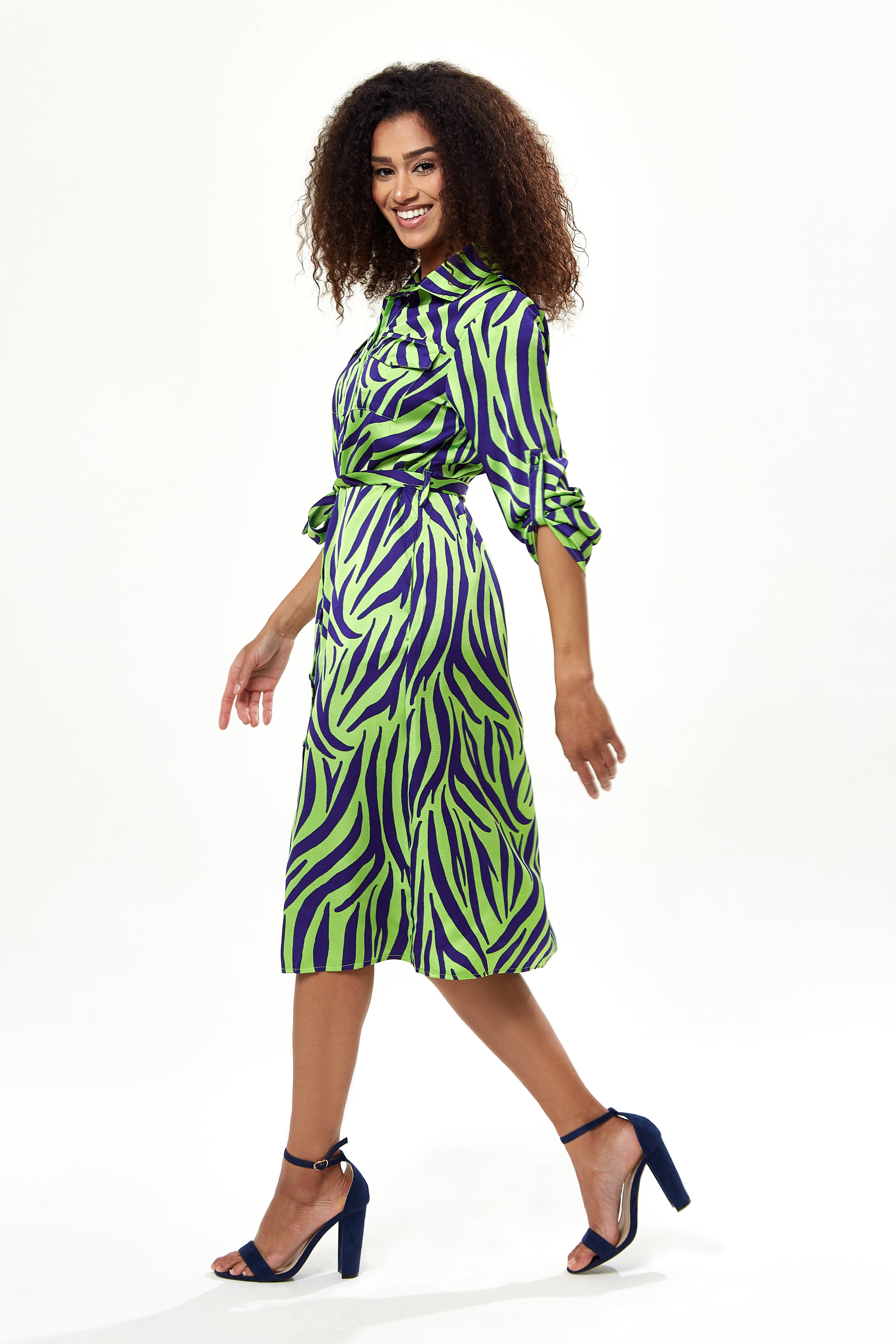 Women's Midi Dress in Mint and Blue Zebra Print with Long Sleeves - Stylish Elegance by Liquorish
