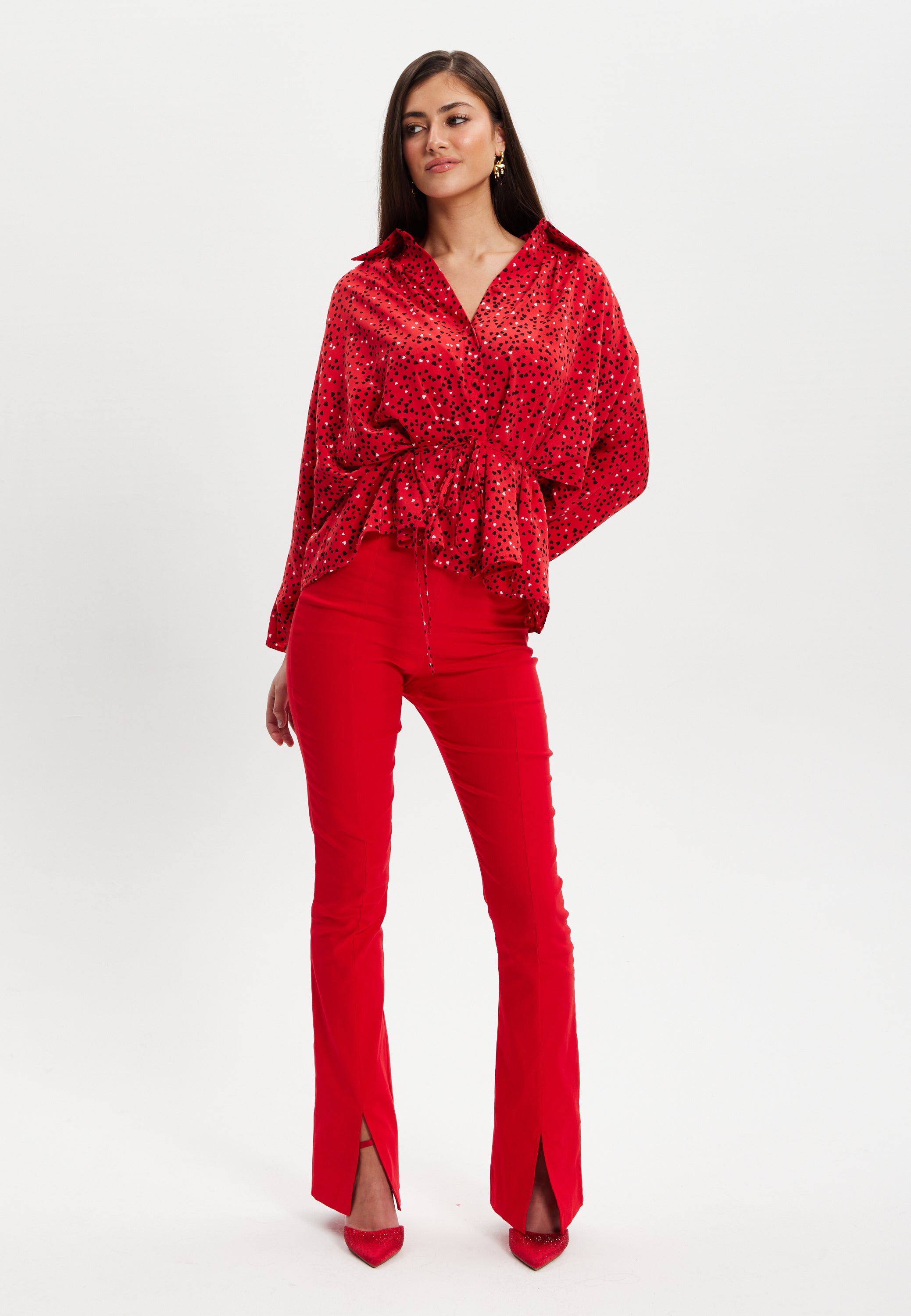 Women’s Heart Print Shirt with Long Sleeves, Tie Waist, Shirt Collar, Regular Fit, Button Up Front