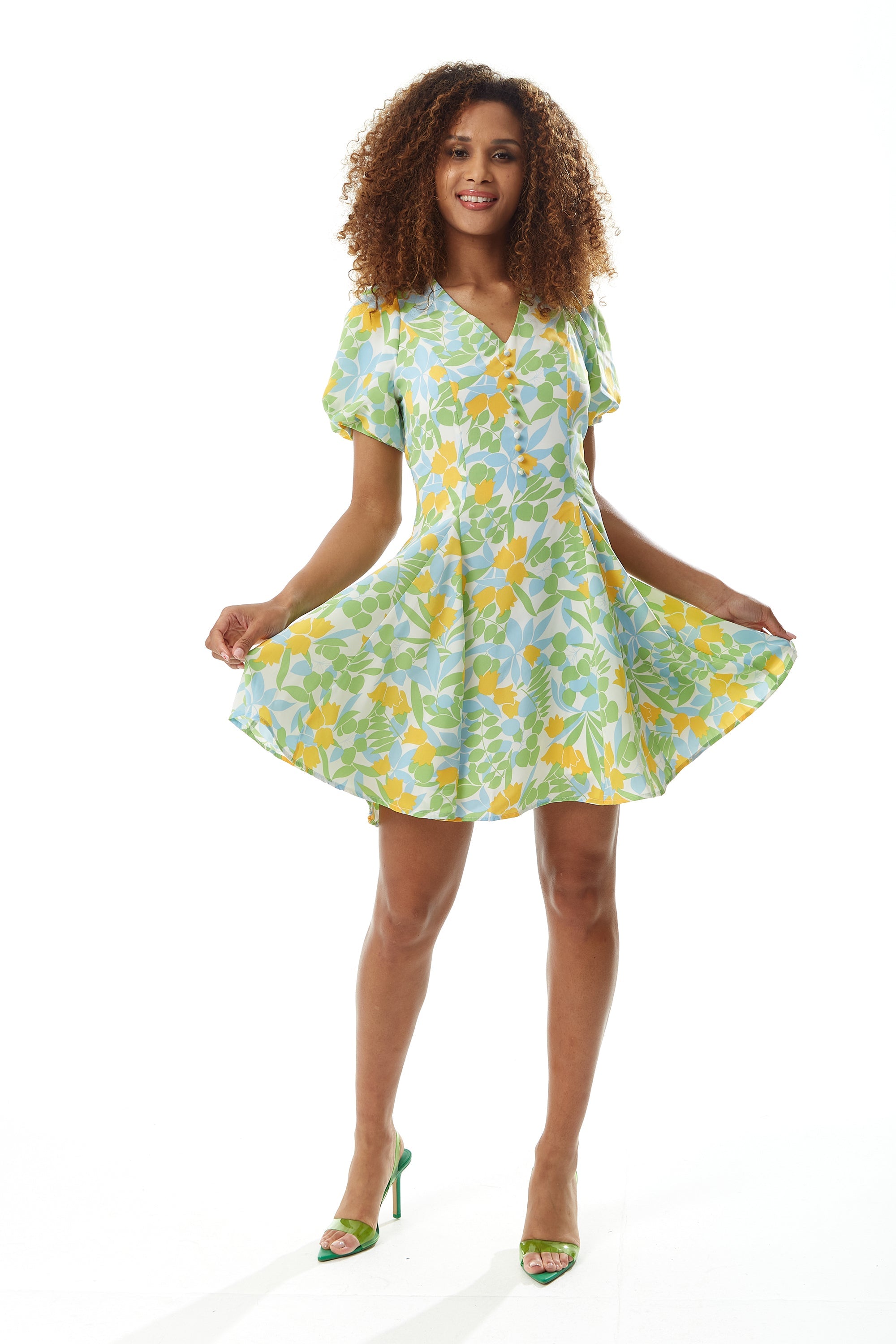 Women’s Mini Dress, Yellow Floral Print, Button Up, Balloon Sleeves, V-Neck, Summer Fashion