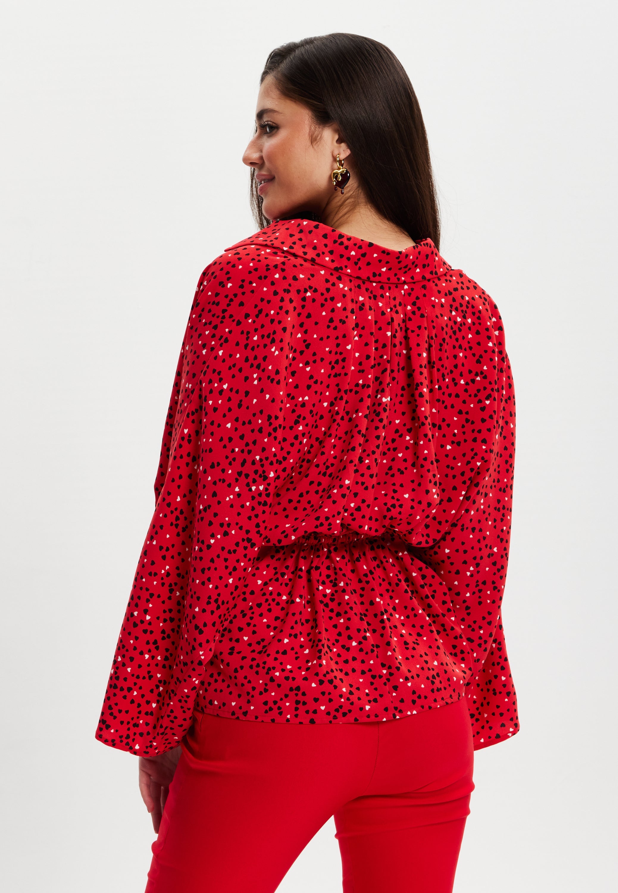 Women’s Heart Print Shirt with Long Sleeves, Tie Waist, Shirt Collar, Regular Fit, Button Up Front