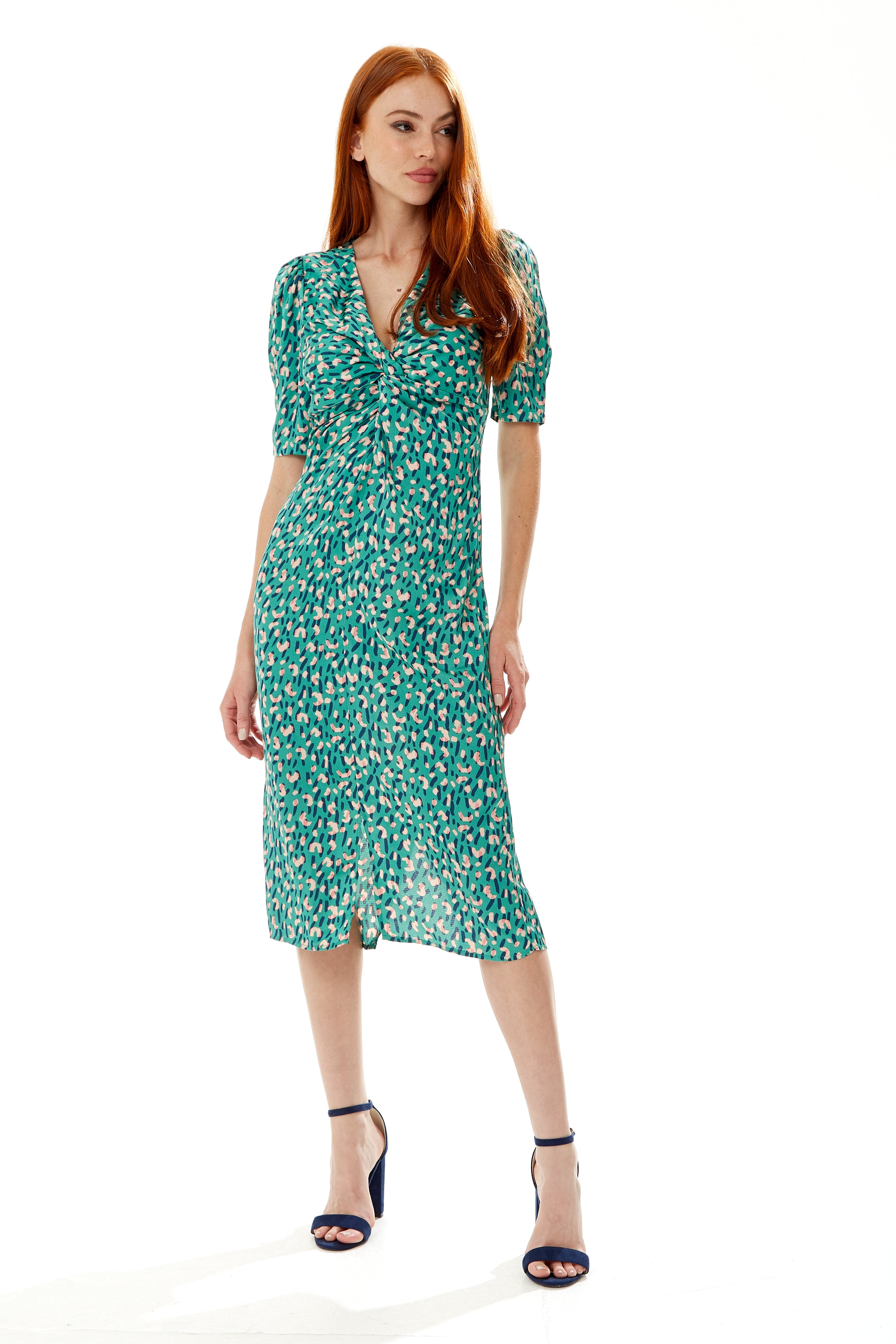 Women's Midi Wrap Dress with Short Sleeves and Daring Front Slit in Green - Liquorish