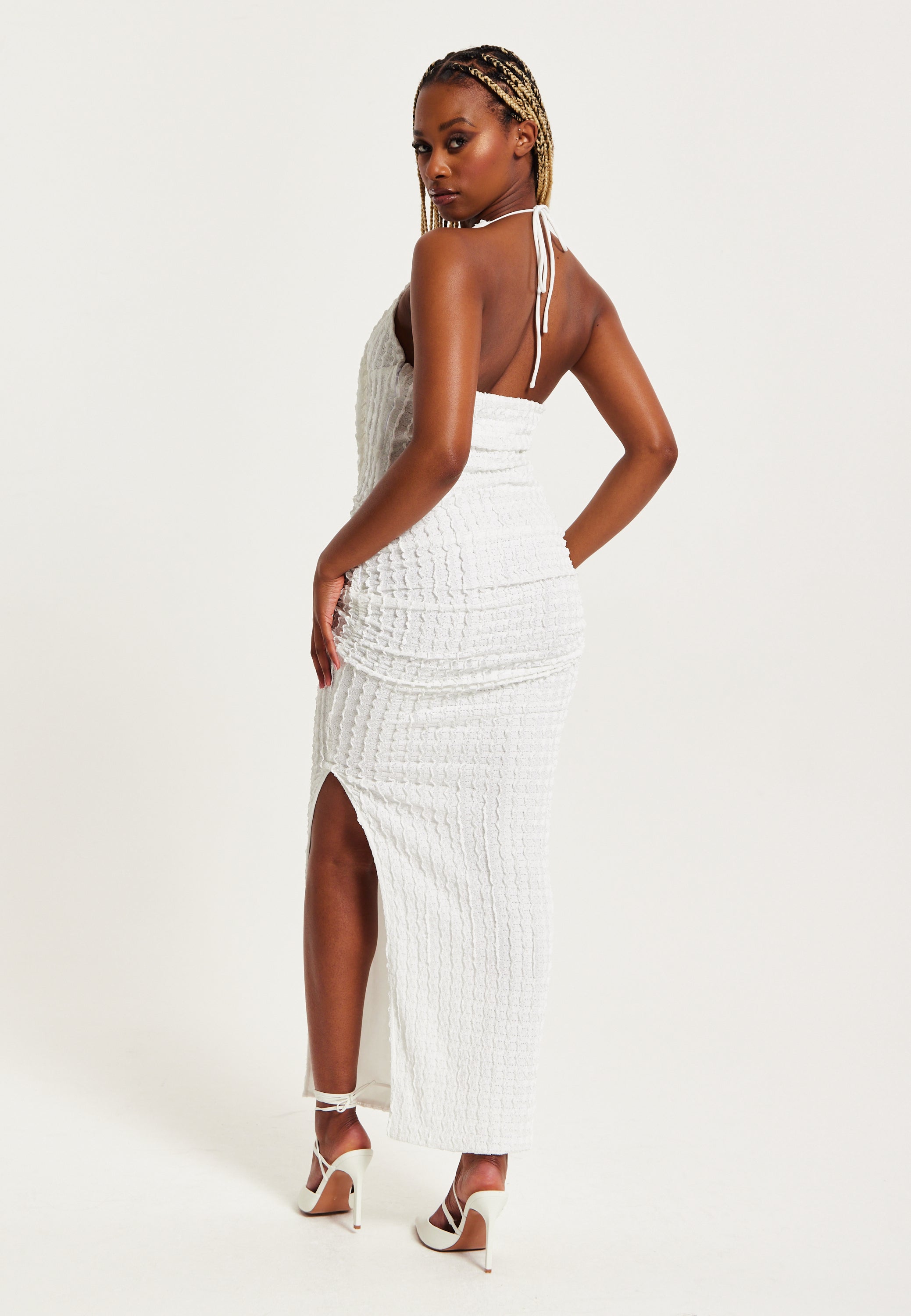 Women’s Maxi Dress with Halter Neck and Deep V Neck in White - Bodycon Fit Jersey by Liquorish