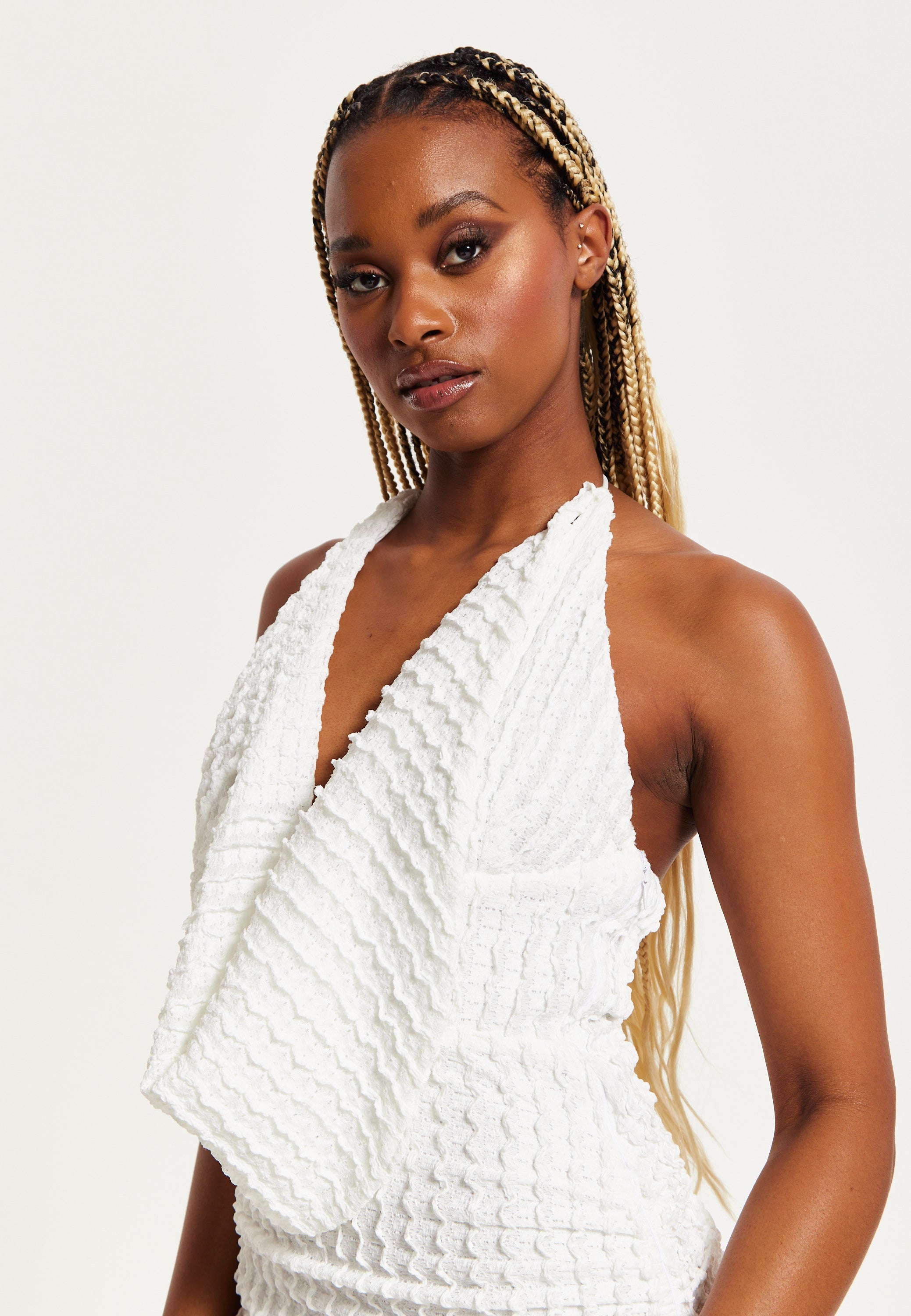 Women’s Maxi Dress with Halter Neck and Deep V Neck in White - Bodycon Fit Jersey by Liquorish