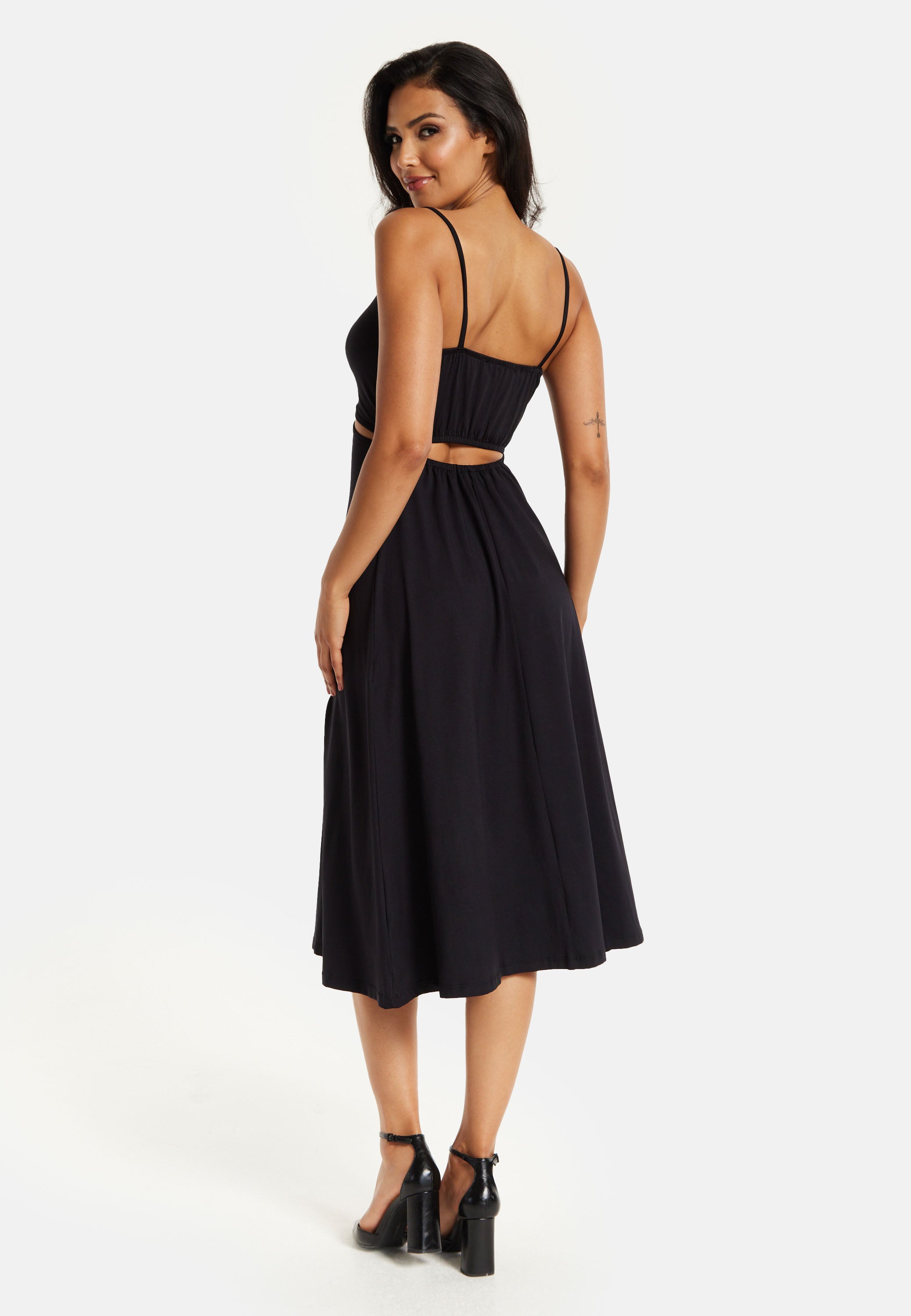 Women's Midi Dress, Elegant Black Cami Dress with Alluring Cut-Out Details