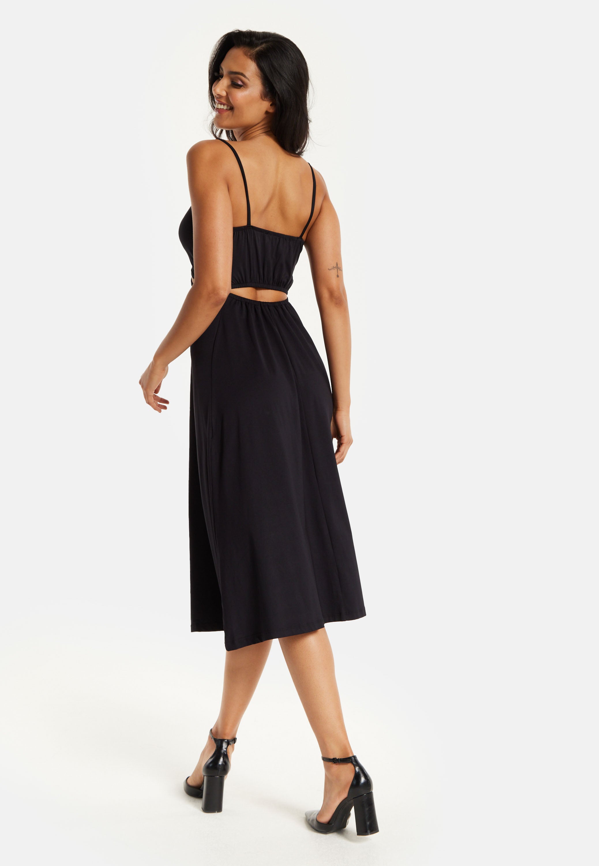 Women's Midi Dress, Elegant Black Cami Dress with Alluring Cut-Out Details